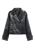 Black short oversize women's leather jacket KURDS-0540-99(W26)