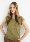 Women's olive T-shirt with applique TSHDT-0066-55(W22)