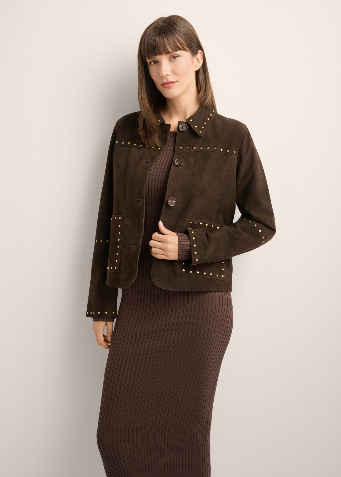 Women's brown suede jacket KURDS-0614-1I(Z26), front view of the product on the model. Half of the silhouette visible.