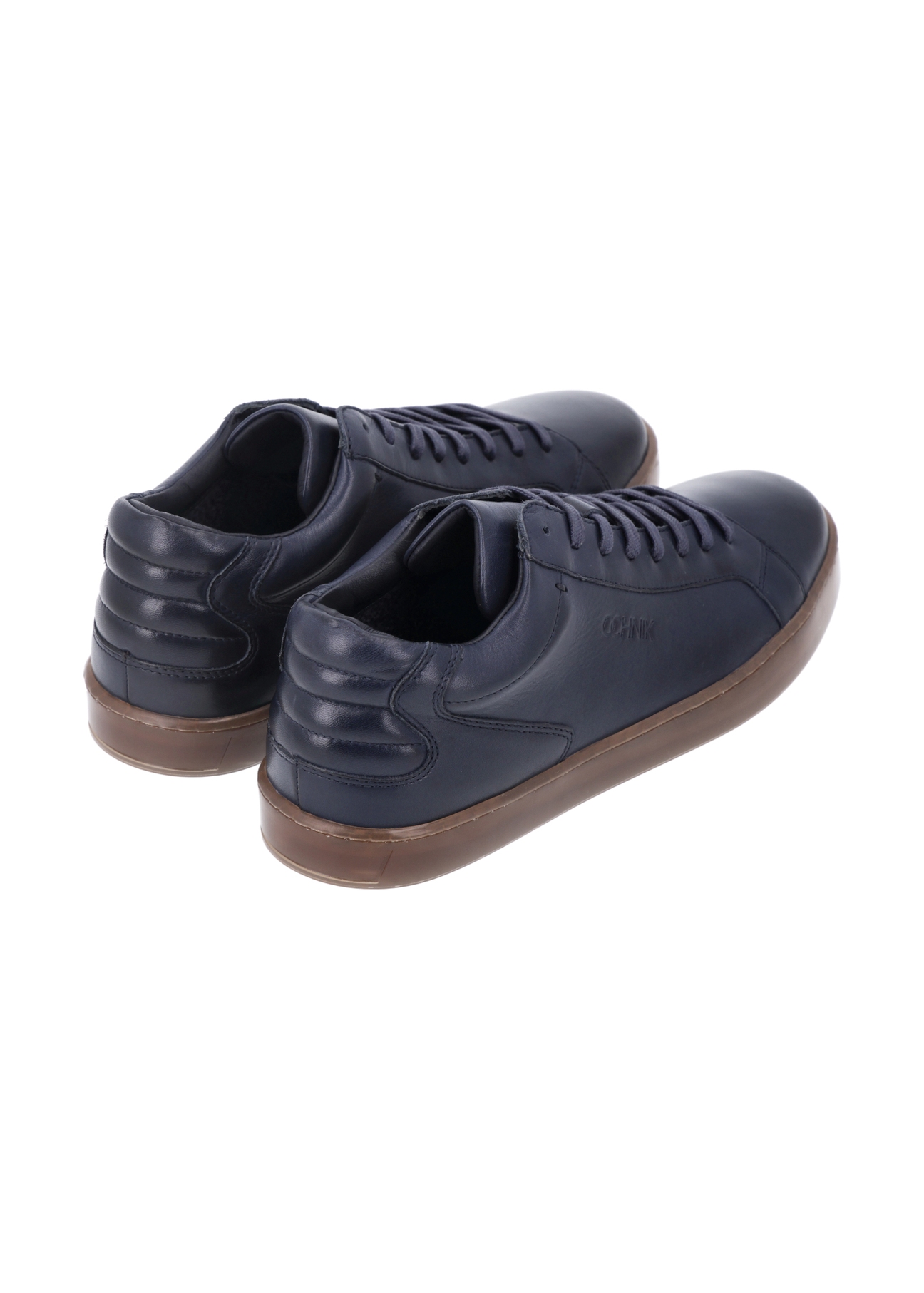 Navy blue men's leather sneakers BUTYM-0405C-7D(Z26), product view from the back on a white background.