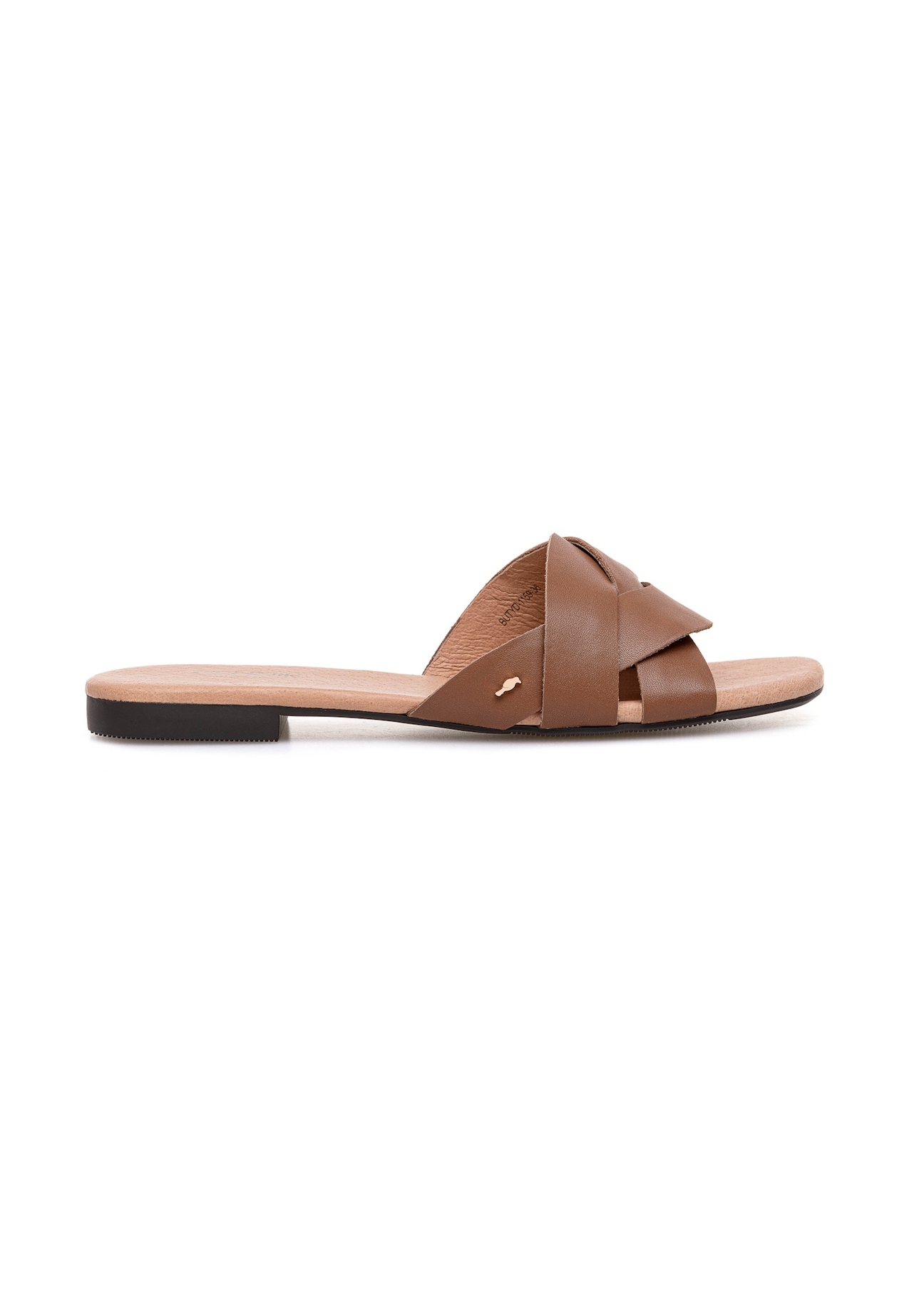 Women's brown leather flip-flops BUTYD-1159-24(W25), side view of the product on a white background.