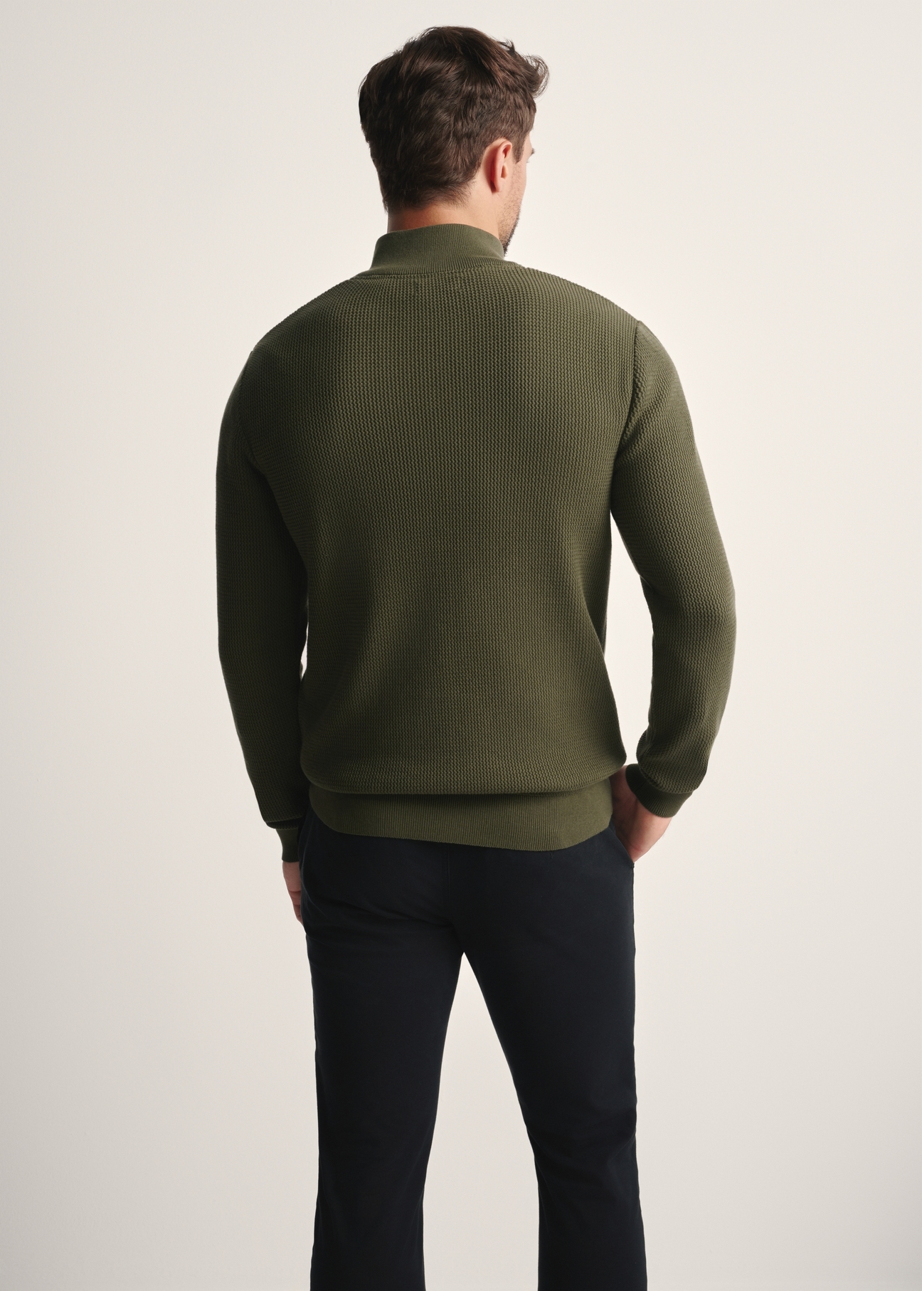 Men's khaki zippered sweater SWEMT-0167-55(Z25), back view of the product on the model. Half of the silhouette visible.