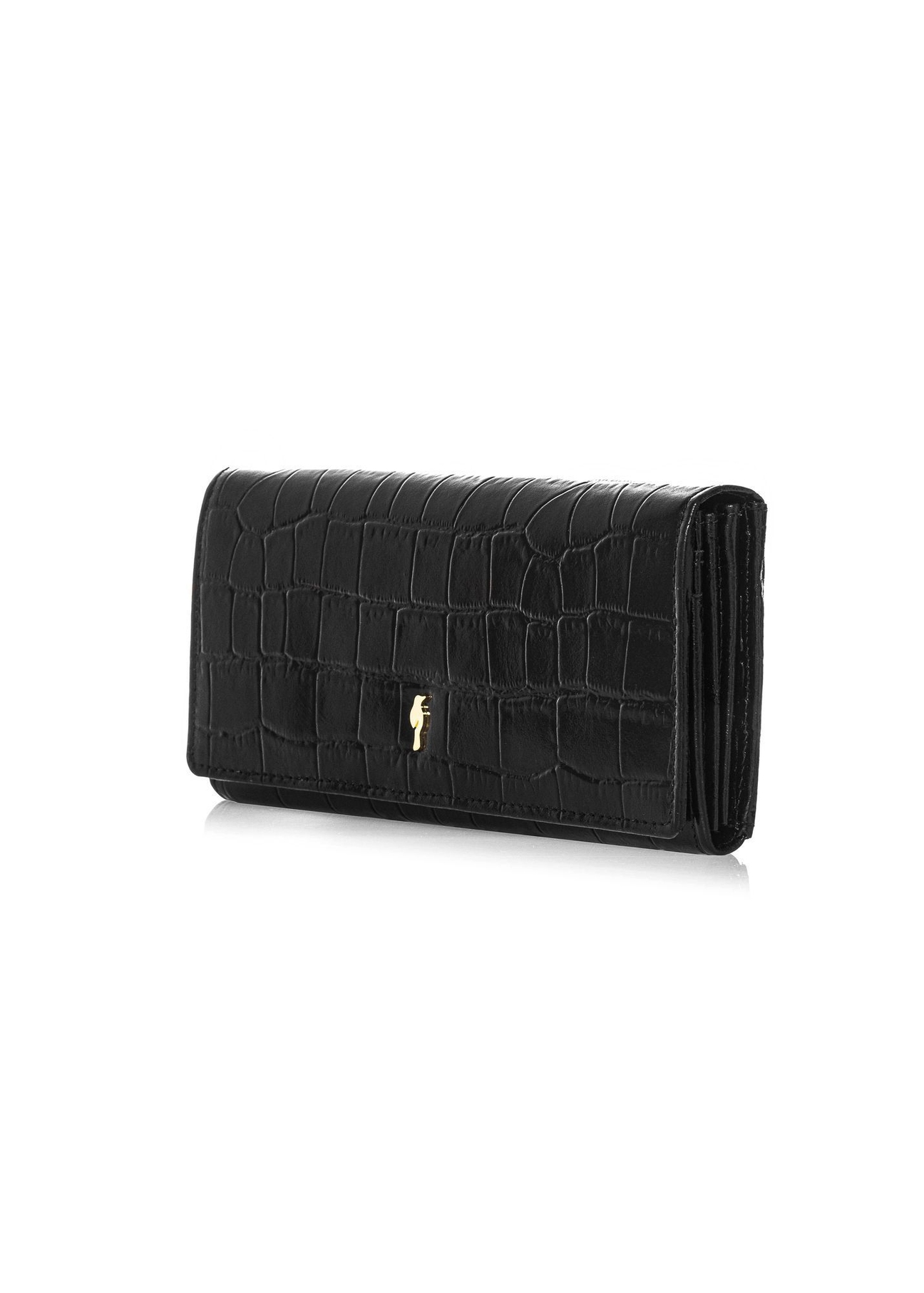 Women's leather black croco wallet PORES-0889-9G(W26), diagonal product view on white background.