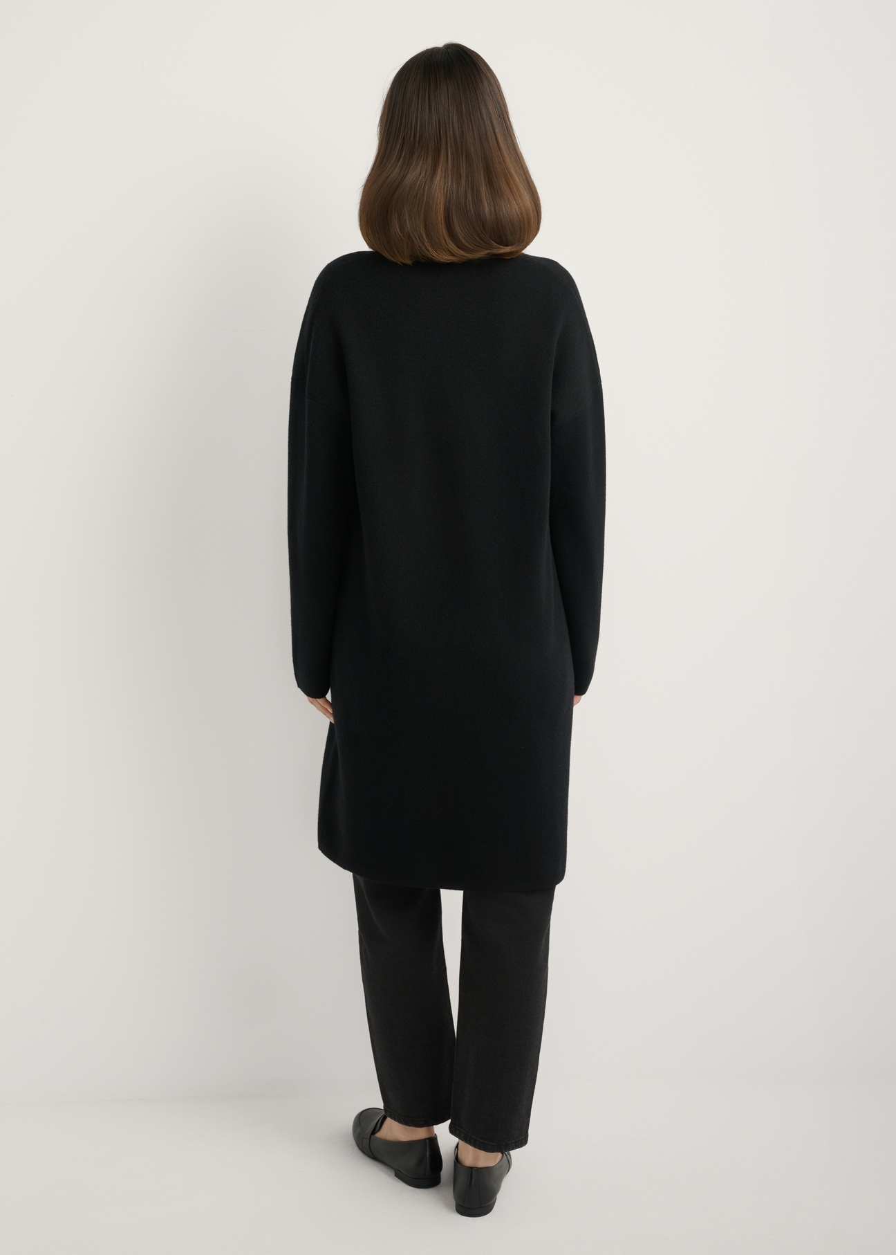Black women's basic cardigan KARDT-0041-99(W25), back view of the product on the model. Full body visible.
