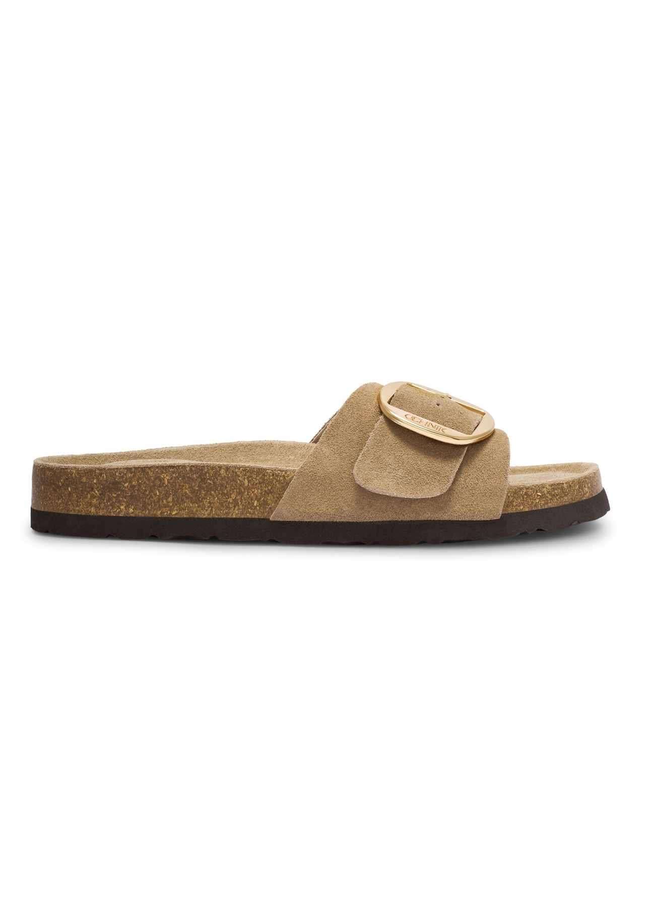 Women's leather flip-flops in cool beige color BUTYD-1157-1K(W26), side view of the product on a white background.