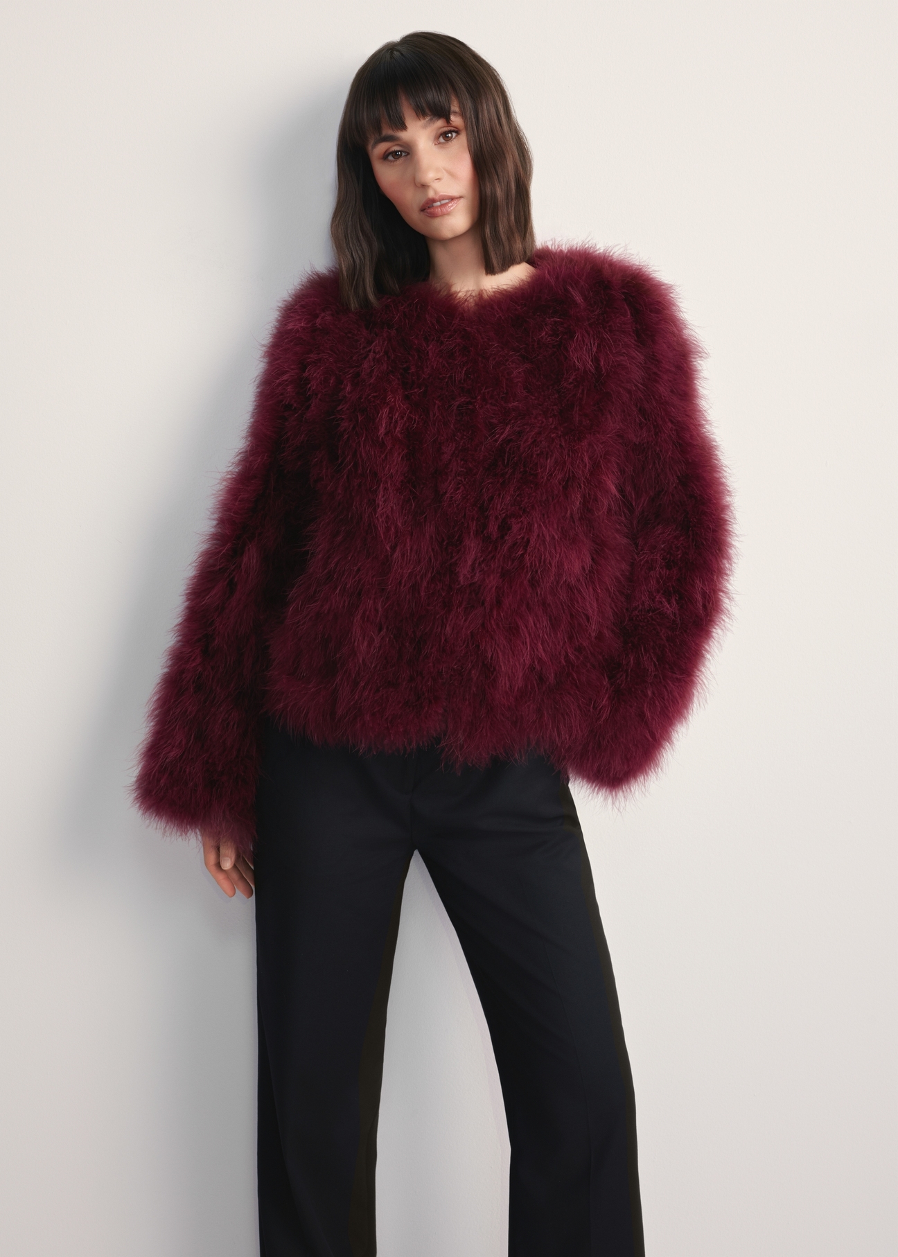 Women's turkey feather jacket FUTDF-0097A-3183(Z25), front view of the product on the model. Half of the silhouette visible.