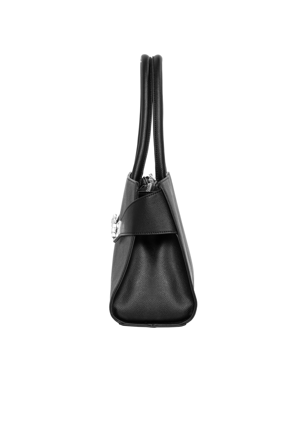 Elegant black women's handbag with decorative clasps TOREC-1374-9I(Z26), side view of the product on a white background.