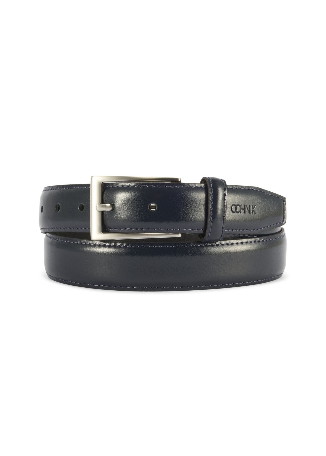 Navy blue men's leather belt PASMS-0244-69(Z25), product view from the front on a white background.