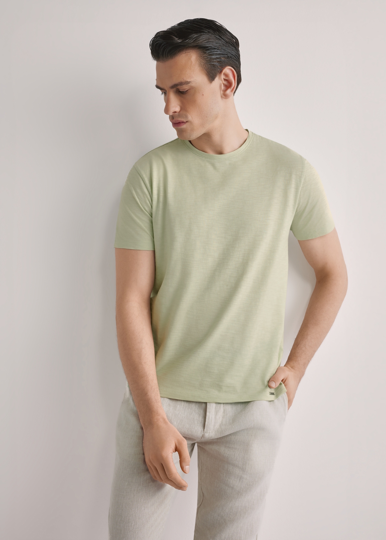 Men's sage cotton T-shirt TSHMT-0149-8F(W26), front view of the product on the model. Half of the silhouette visible.