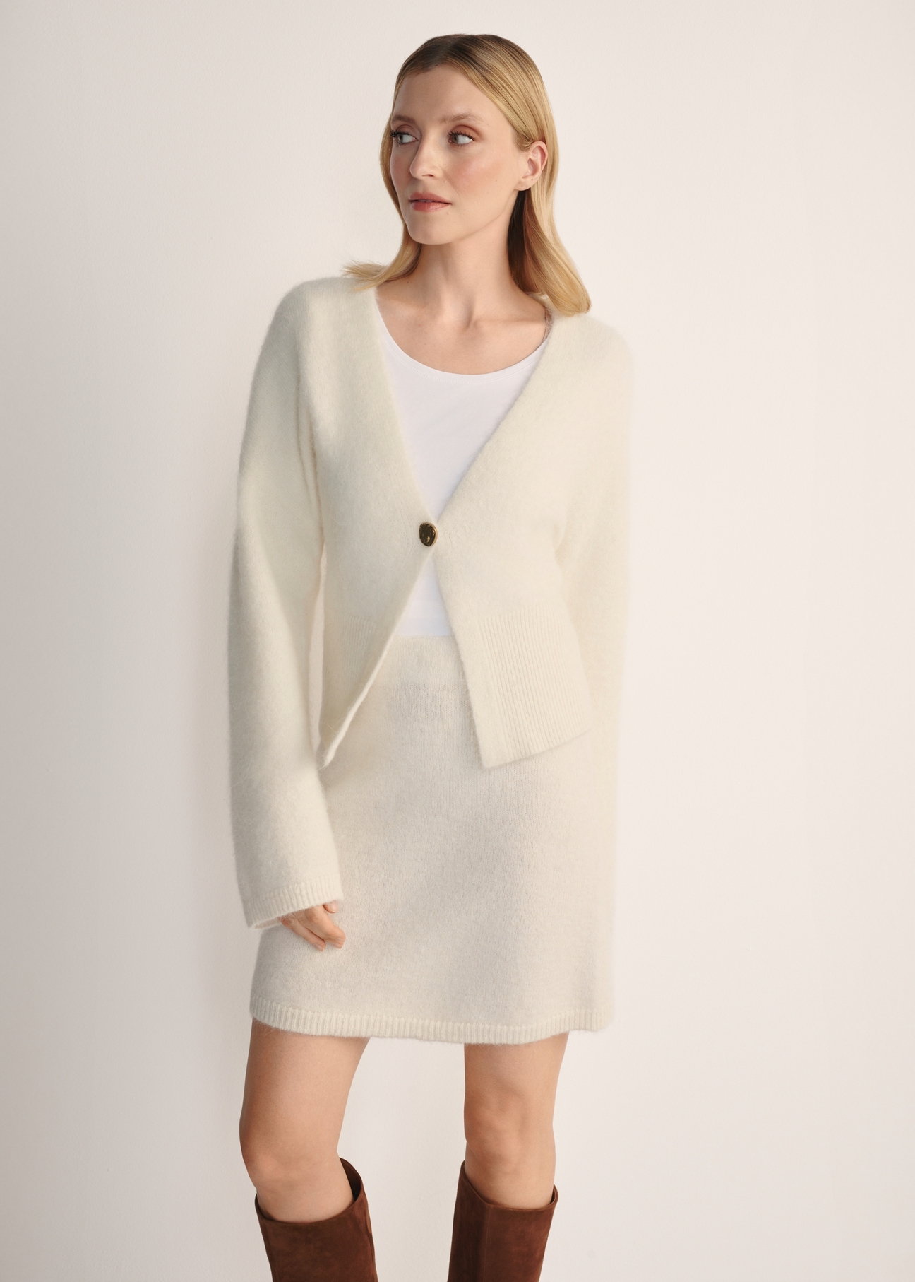 Women's Cream Wool Cardigan KARDT-0059-12(Z25) - Front view of the product on a model, against a white background. Knee-length silhouette visible.