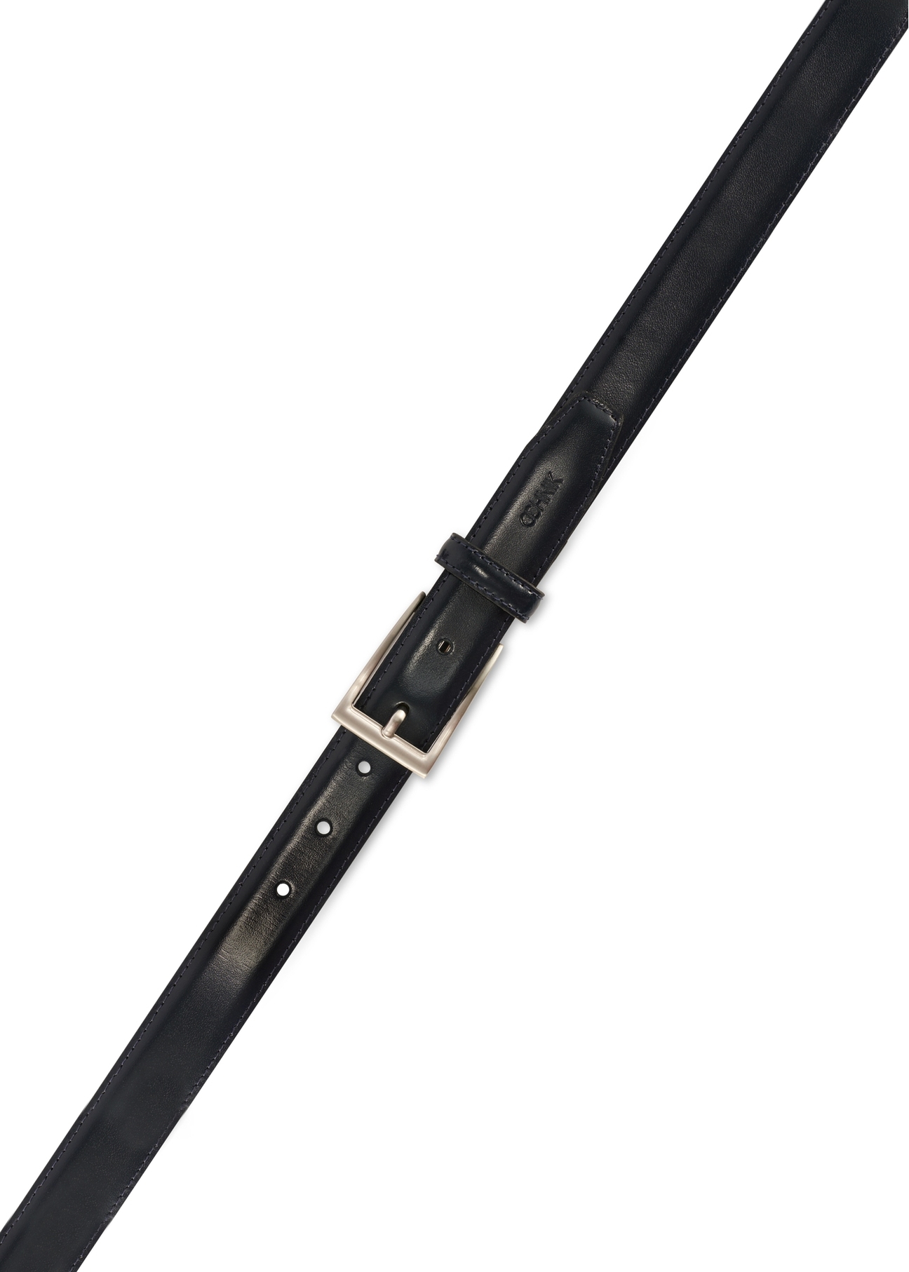 Navy blue men's leather belt PASMS-0244-69(Z25), view of the buckle of the product on a white background.