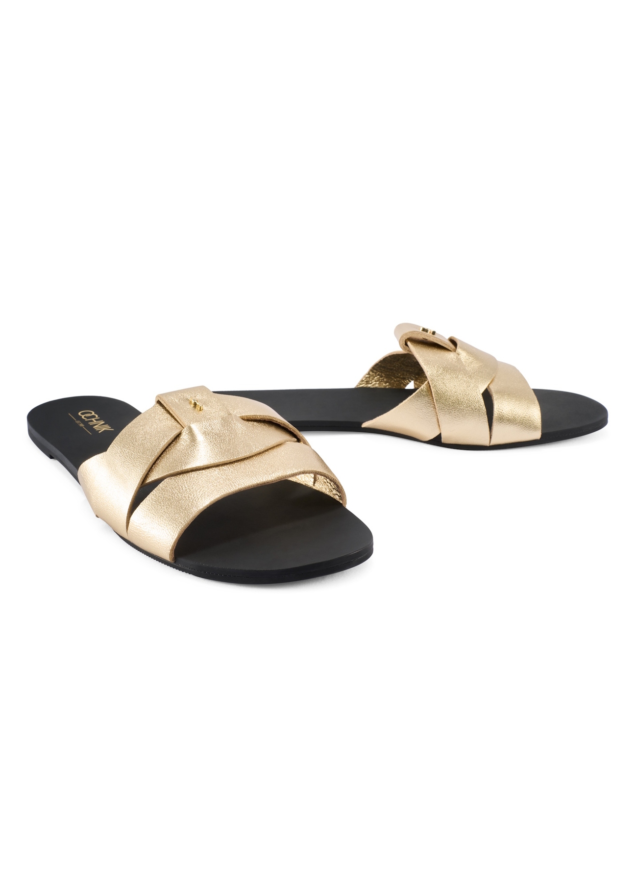 Women's gold flip-flops with braid BUTYD-0903C-2X(W26), diagonal product view on a white background.