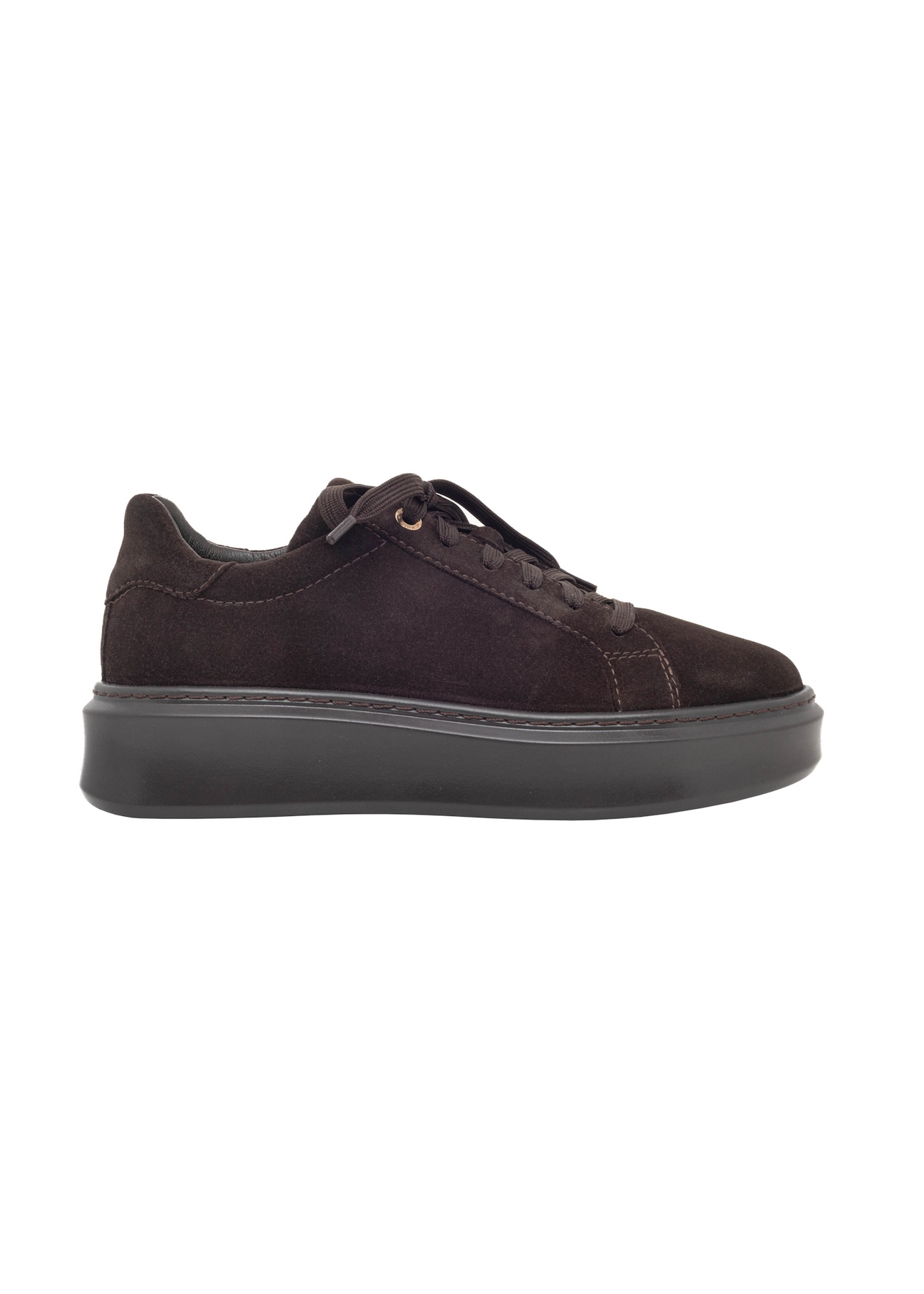 Women's suede shoes in dark brown color BUTYD-1284-1I(Z26), side view of the product on a light background.