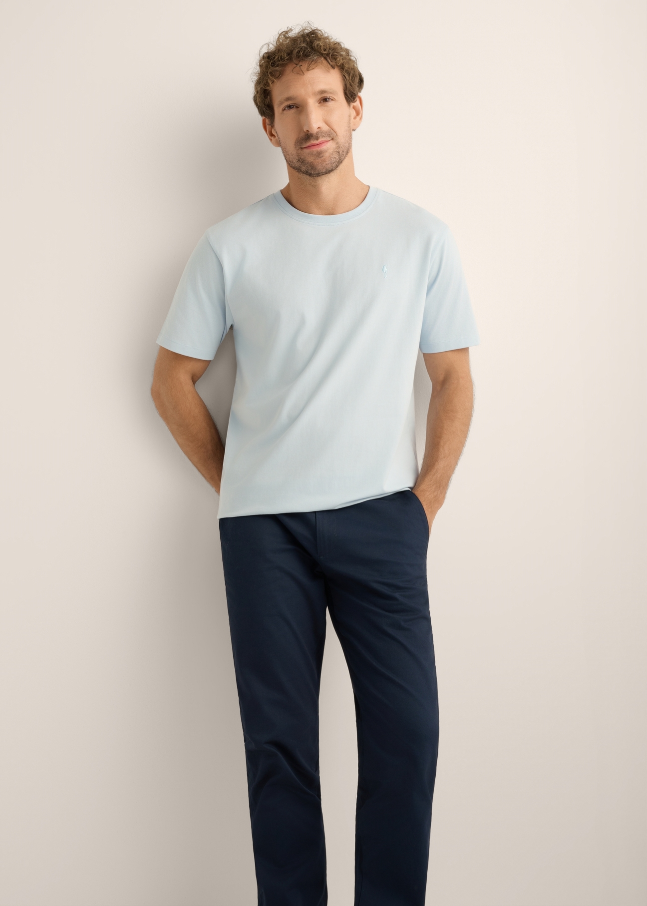 Light blue men's T-shirt TSHMT-0120-7A(Z26). Front view of the product on a model. Half-body view.
