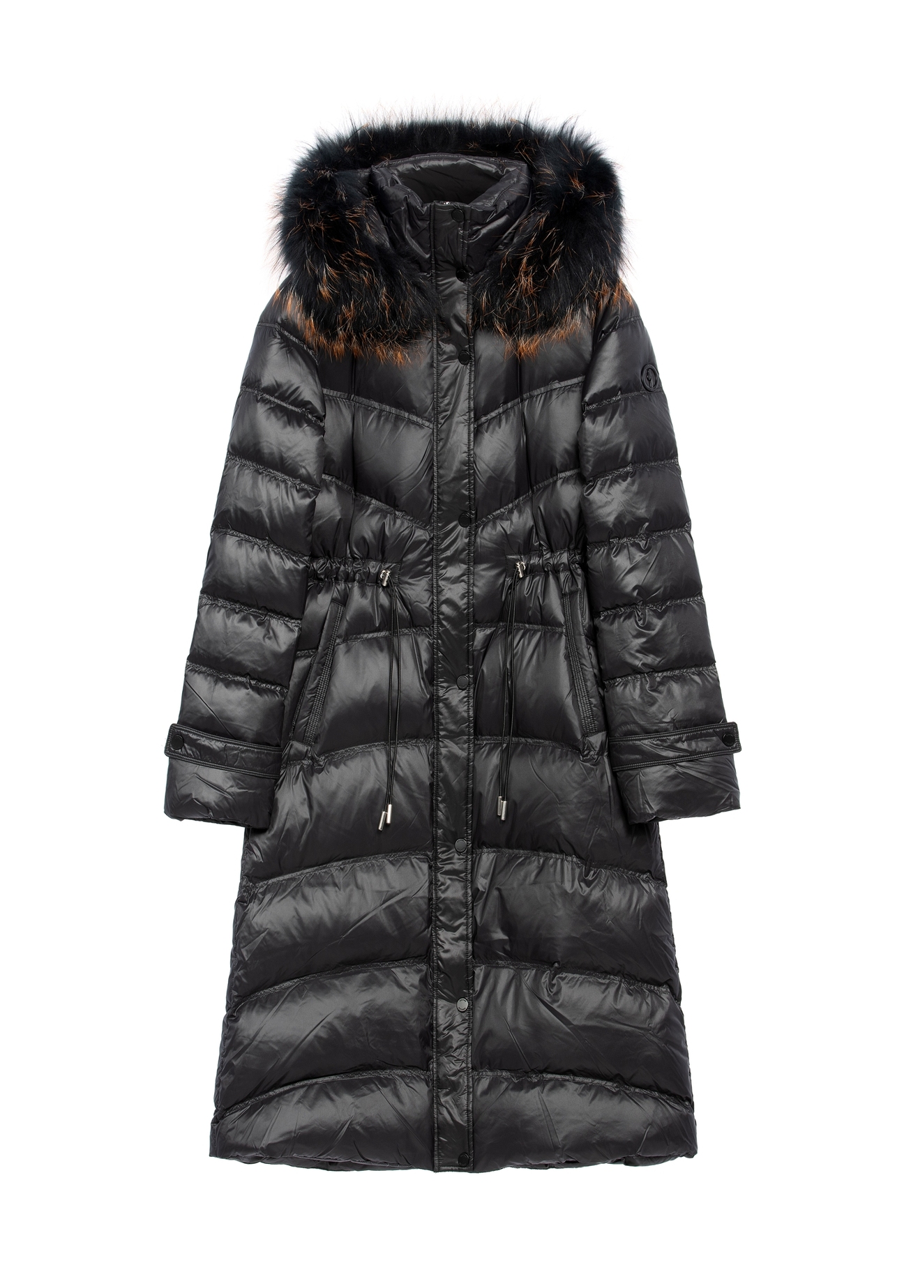 Black women's winter jacket with natural fur KURDT-0618-99(Z25), product view from the front on a white background.