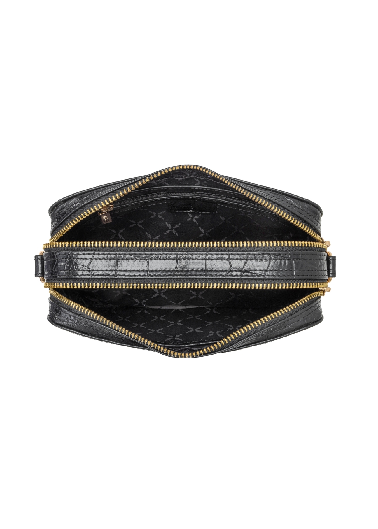 Small black leather croco handbag TORES-1231-9G(W26) - product view from above, on white background.