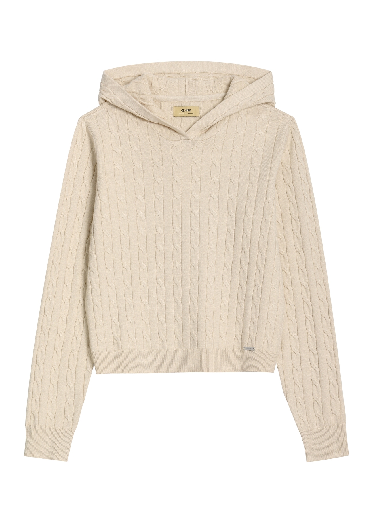 Beige women's hooded sweater BLZDT-0124-1A(Z26) - front product view, on white background.