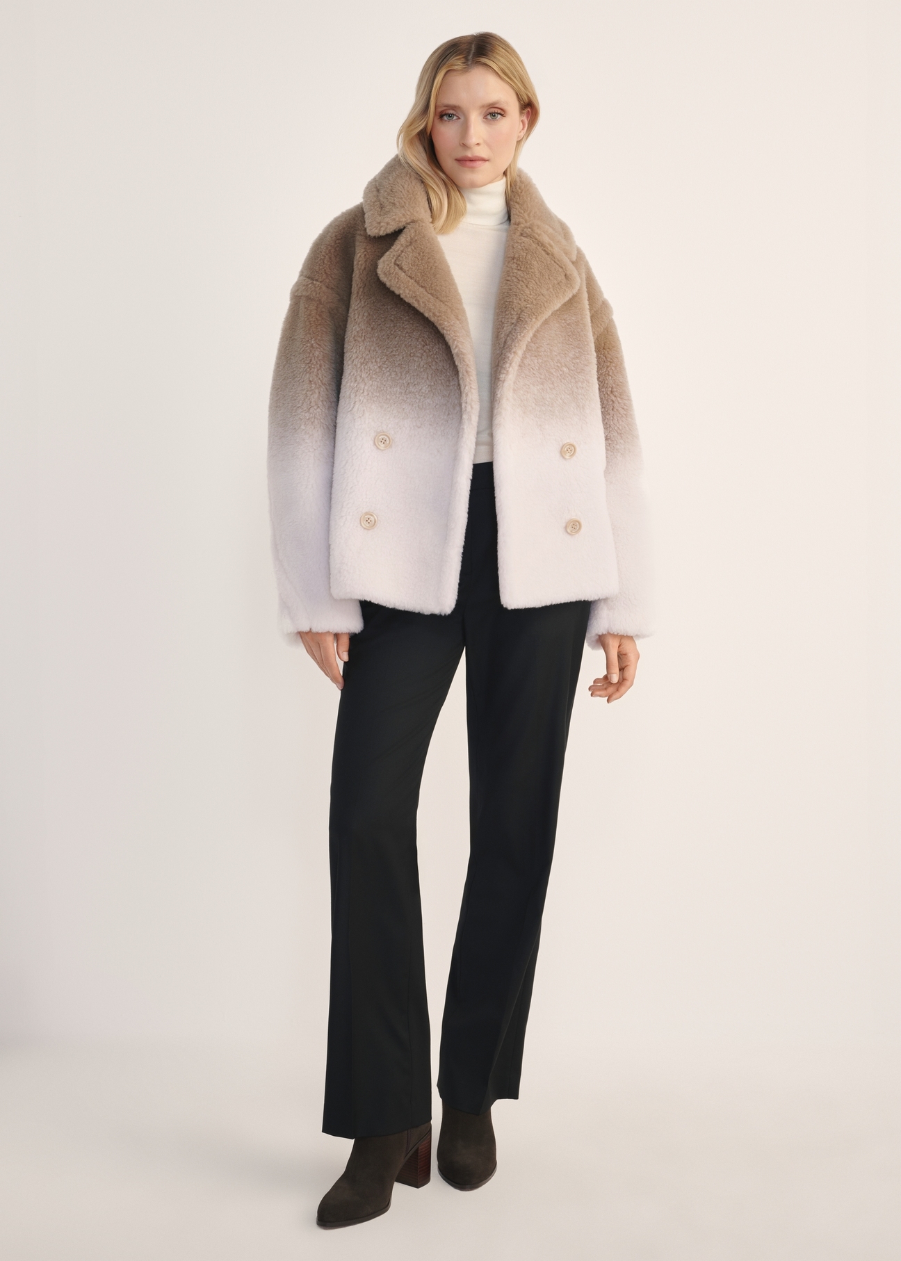 Women's Beige Wool Fur Coat FUTDW-0036-81(Z25) - Front view of the product on a model against a white background. Full body visible.