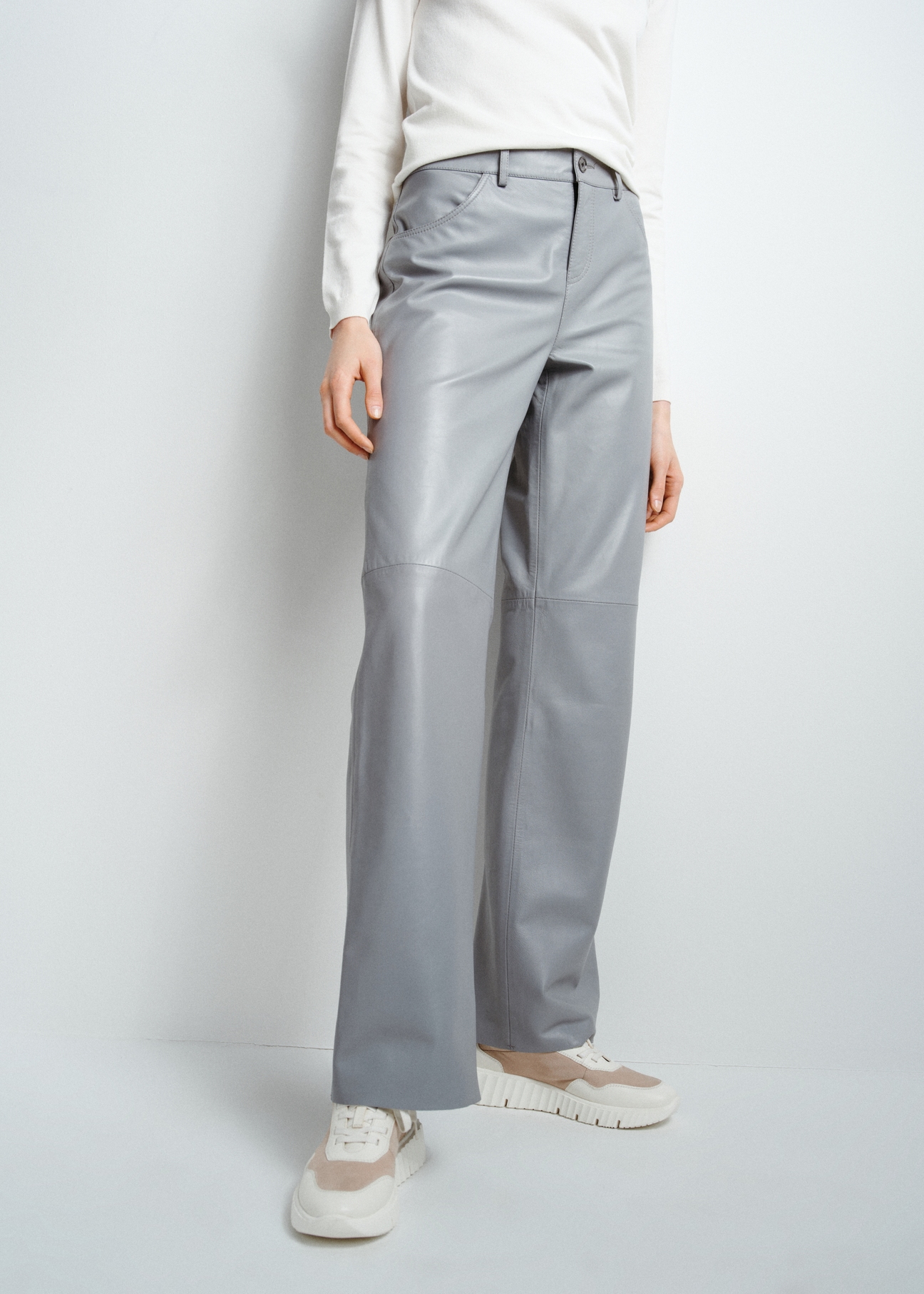 Gray leather pants for women SPODS-0038-1376(W24)-03