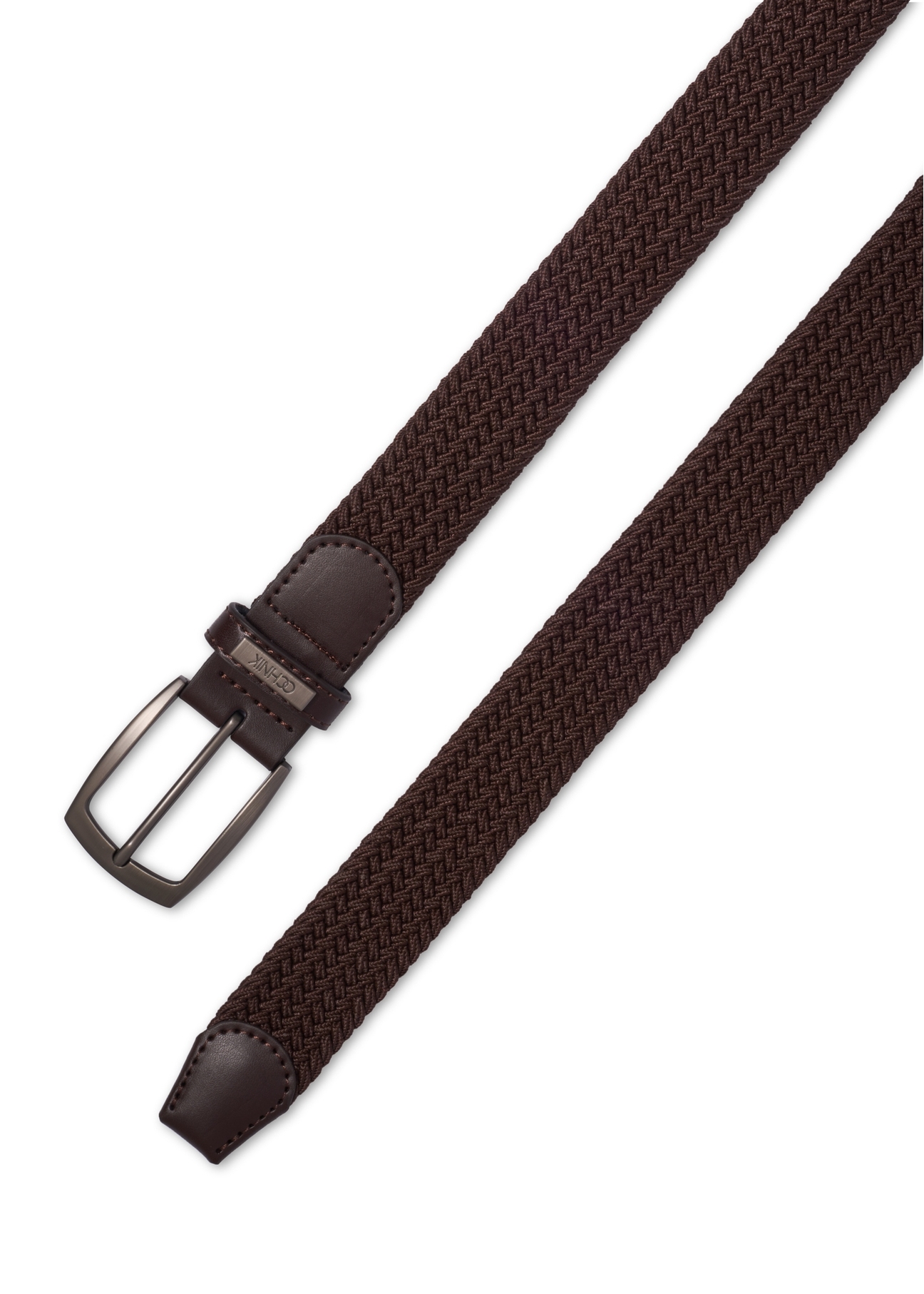 Brown braided men's belt PASMT-0004-1H(Z26), view of the product buckle on a white background.
