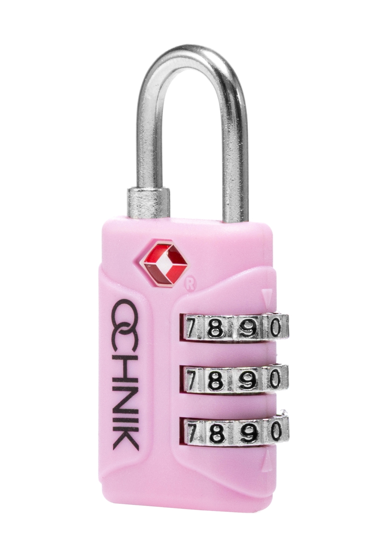 Pink TSA combination padlock AW-015-0003-34(W25), diagonal product view on white background.
