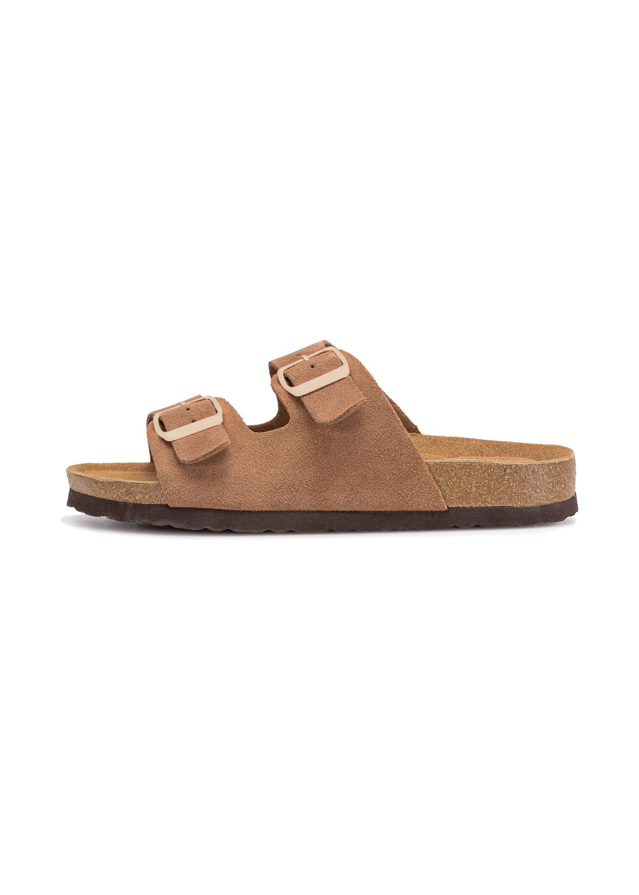 Women's leather camel flip-flops BUTYD-1158-1D(W26), side view of the product on a white background.
