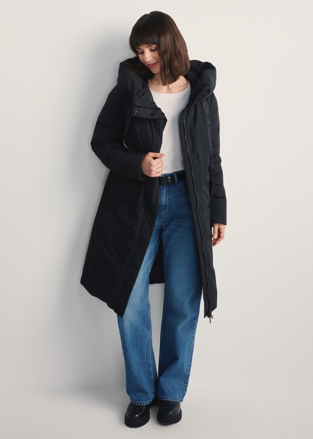 Black women's winter jacket KURDT-0583-99(Z25), front product view on model. Full body visible.