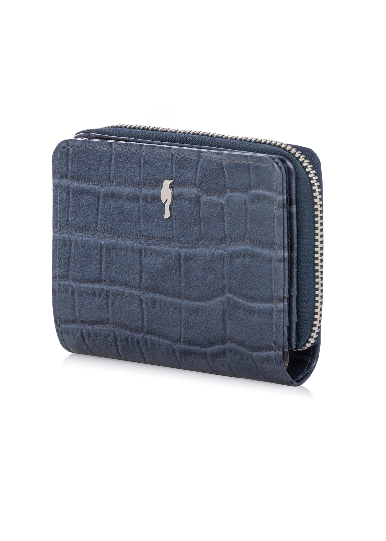 Navy blue women's croco wallet PORES-0888-7D(W26), diagonal product view on white background.