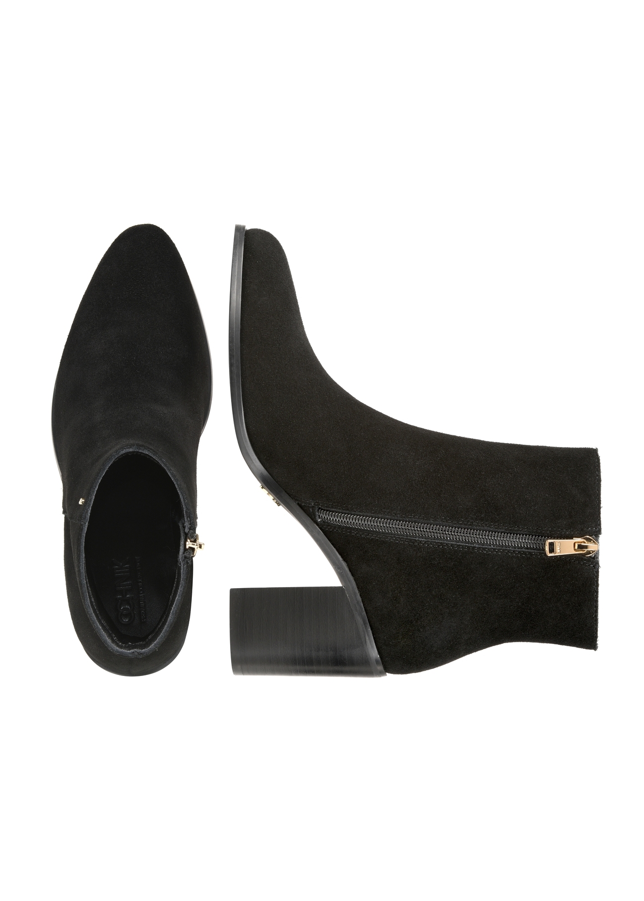 Black suede women's ankle boots BUTYD-1213-98(Z25), product view from the top and side on a white background.