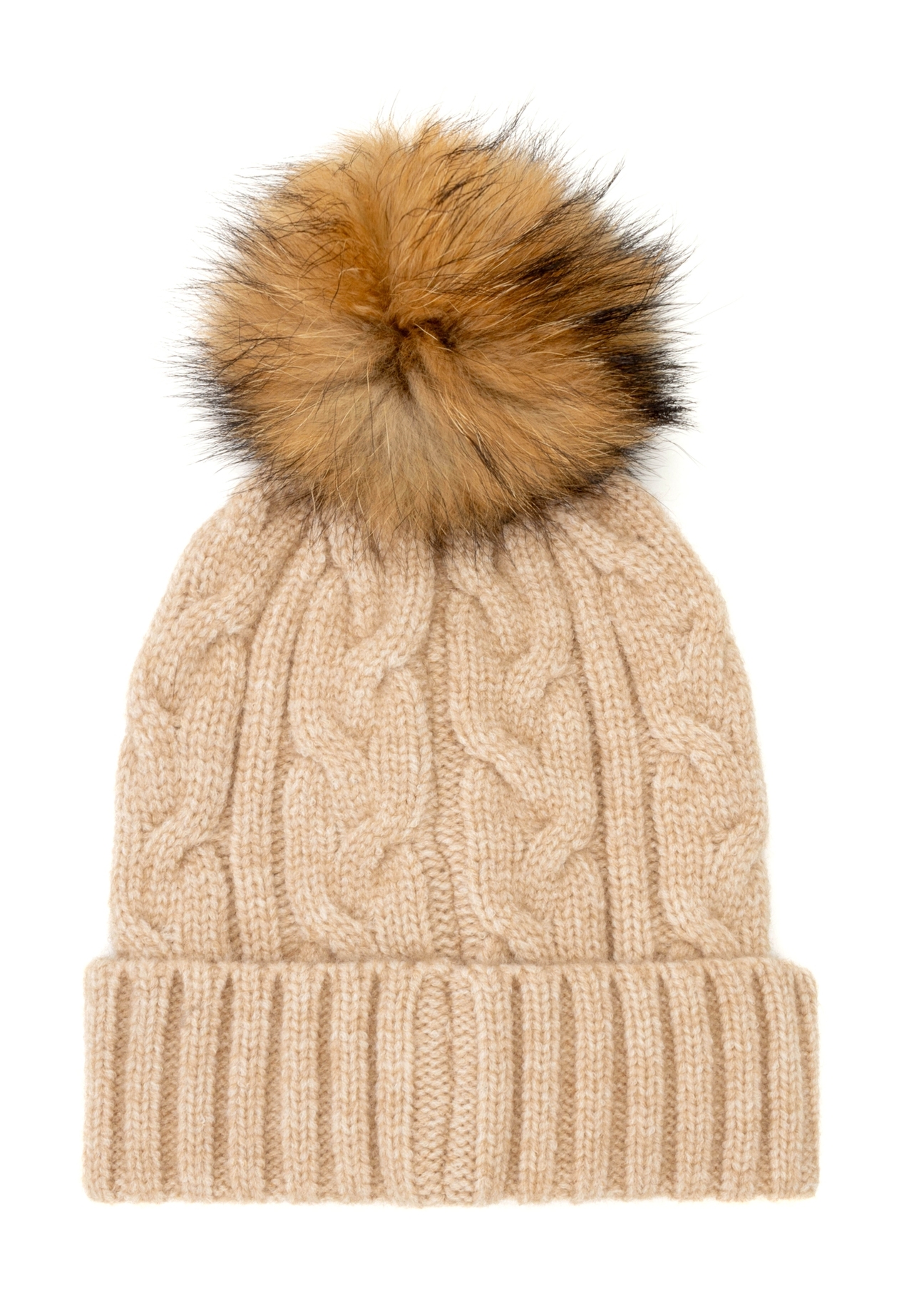 Beige women's hat with fur pompom CZADT-0044A-81(Z25), product view from the back on a white background.
