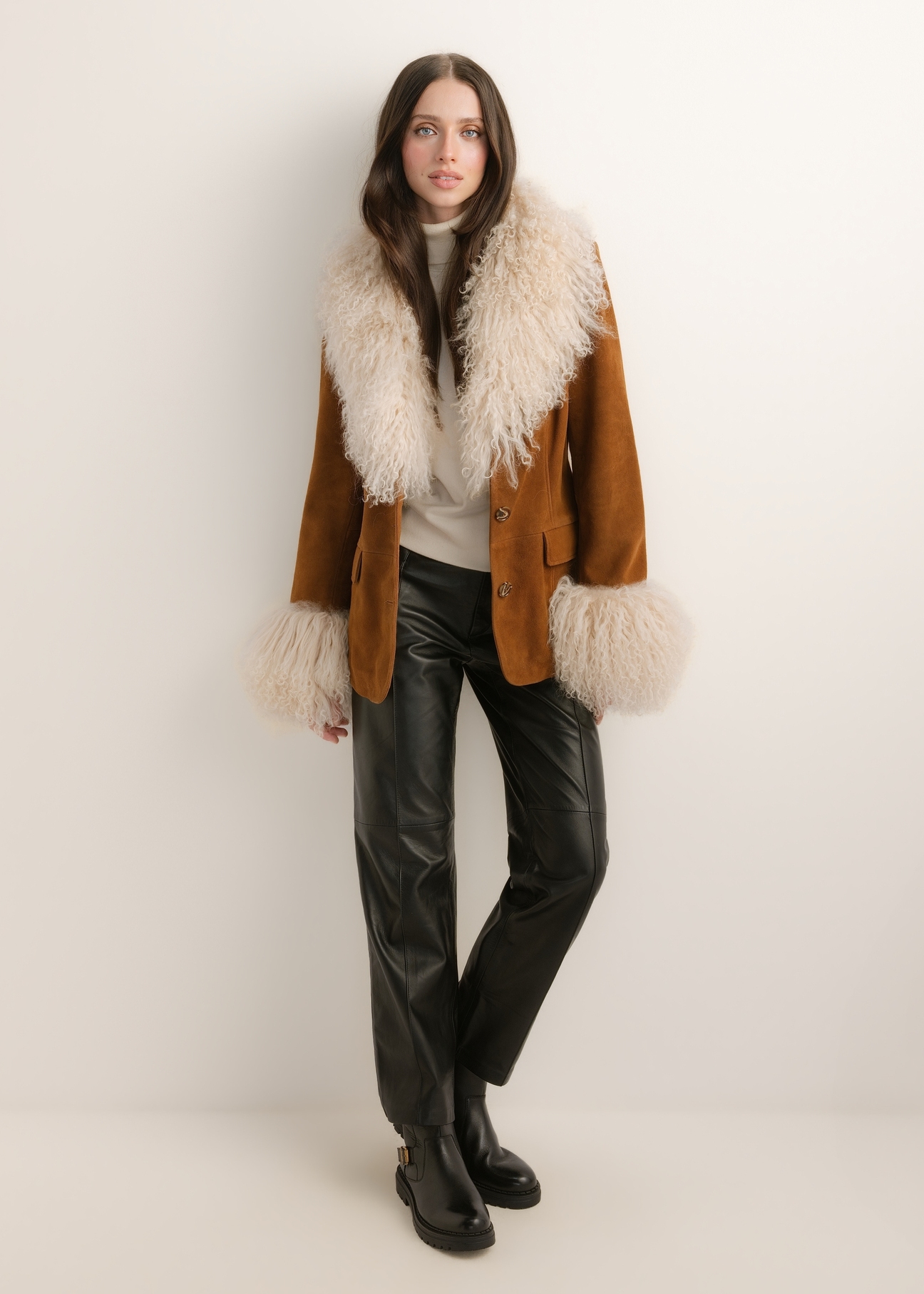Women's cognac leather jacket KURDS-0633-1F(Z26); front view of the product on a model. Full-body view.