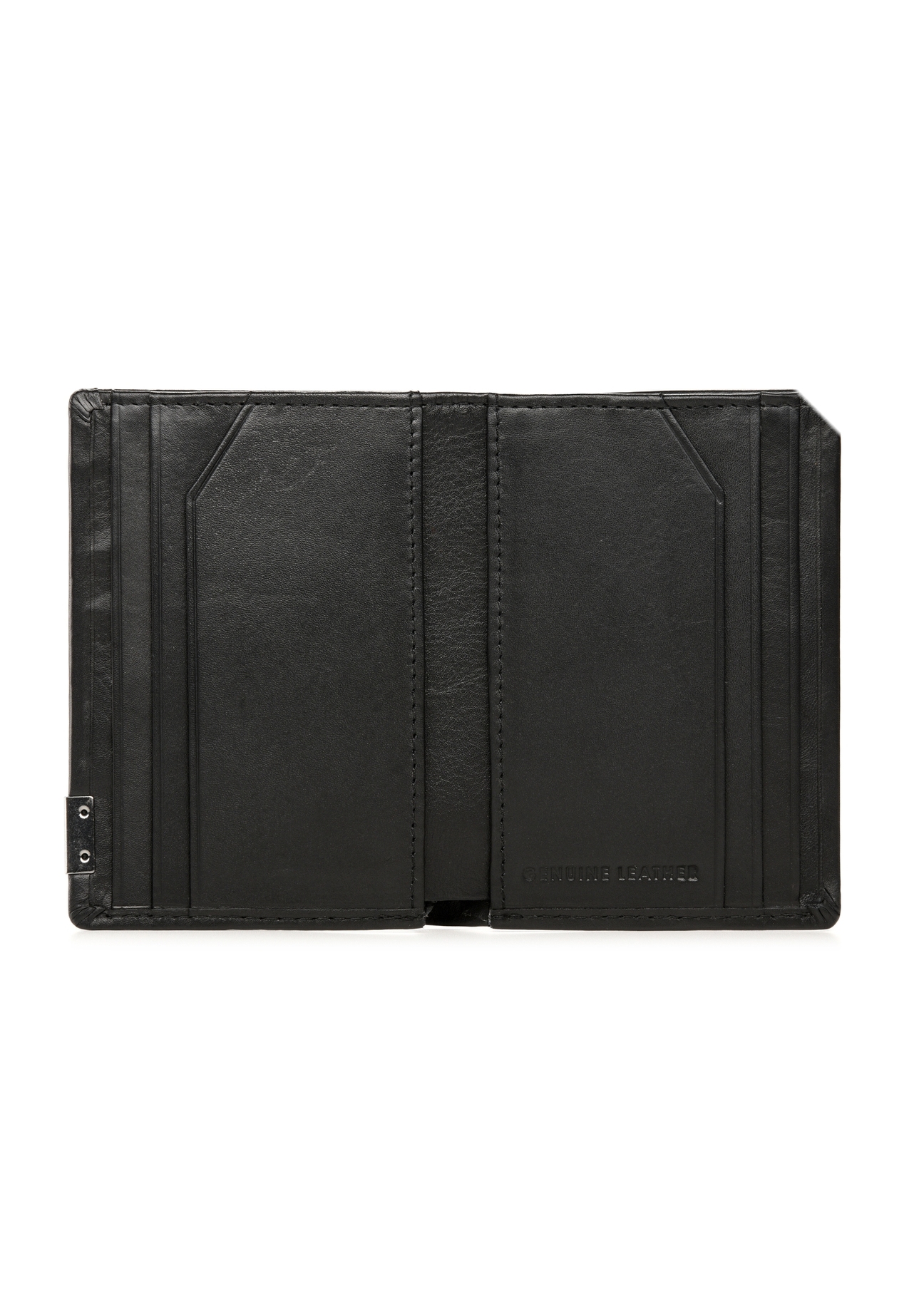 Black men's leather wallet with PORMS-0665-99(Z25) logo, product view from the inside on a white background.