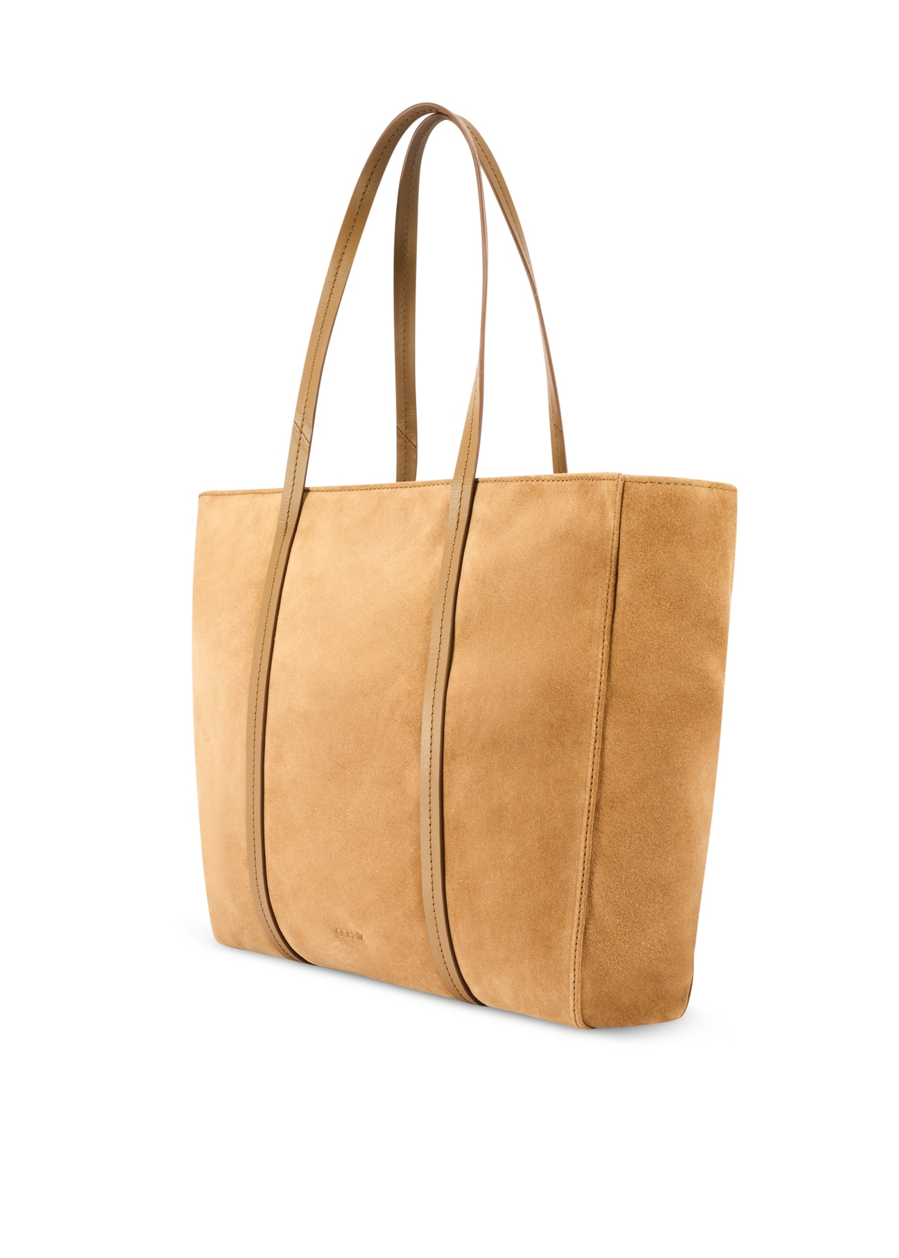 Beige suede women's shopper bag TORES-1248-1B(W26), diagonal product view on white background.
