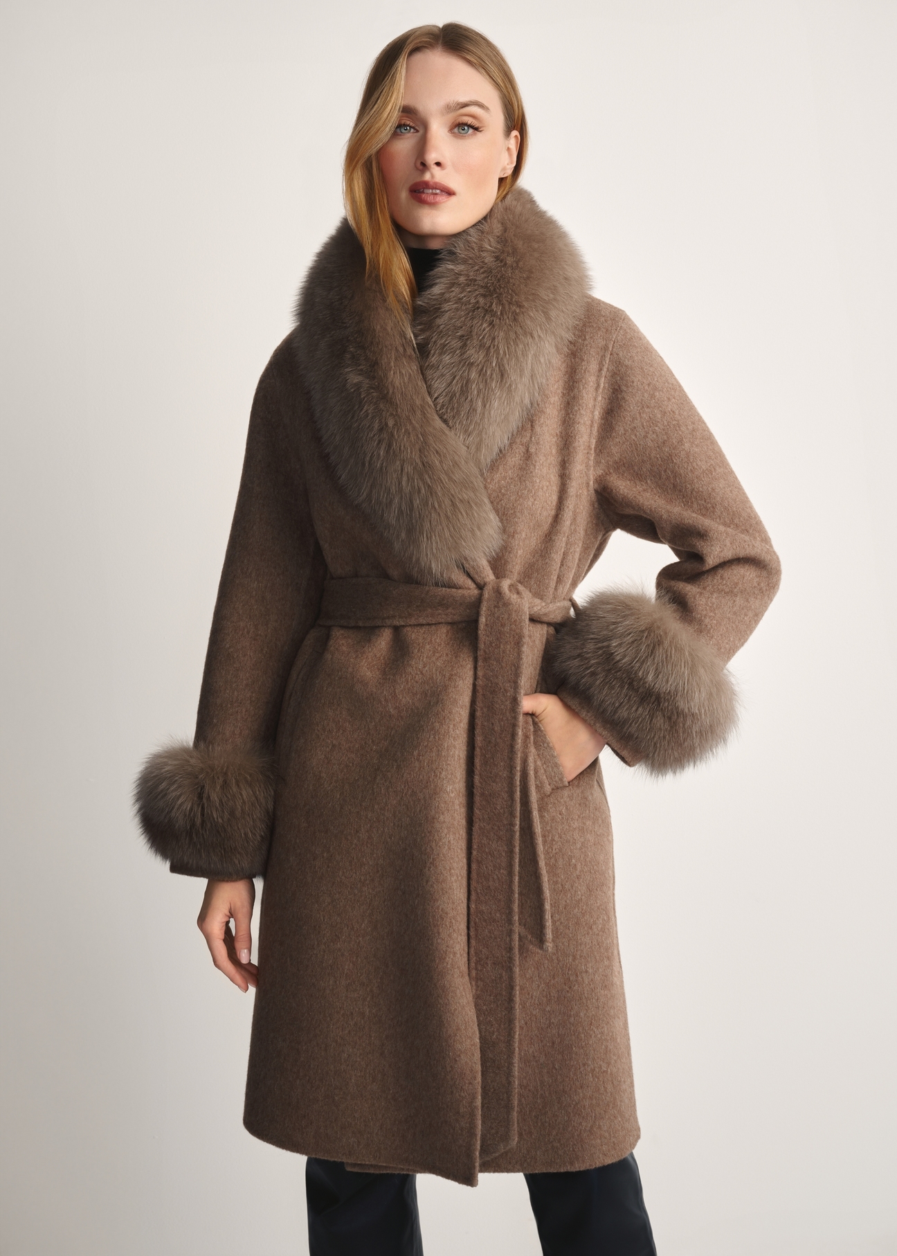 Long woolen women's fur coat in camel color FUTDF-0112-3181(Z25) - front view of the product on a model on a white background. Visible silhouette to the knee.