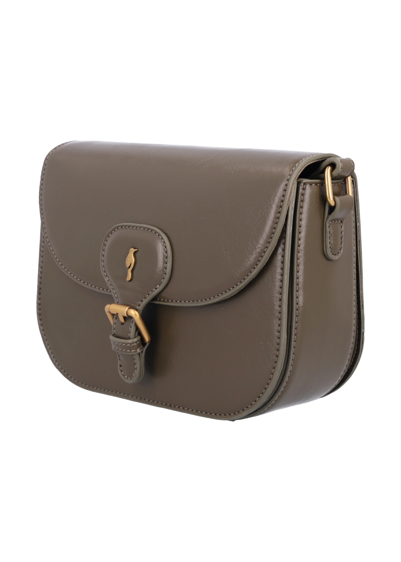 Small khaki women's messenger bag with decorative clasp TOREC-1243-8D(Z26), diagonal product view on white background.