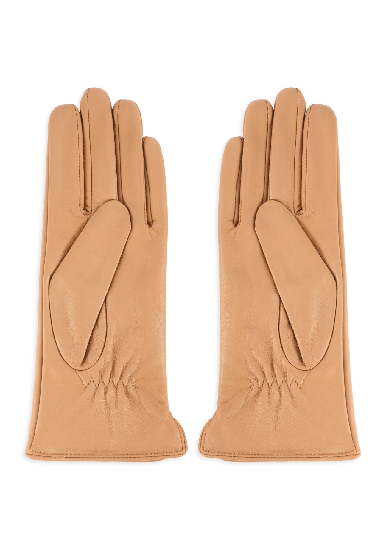 Beige women's leather gloves REKDS-0001A-1B(Z26), product view from the back on a white background.