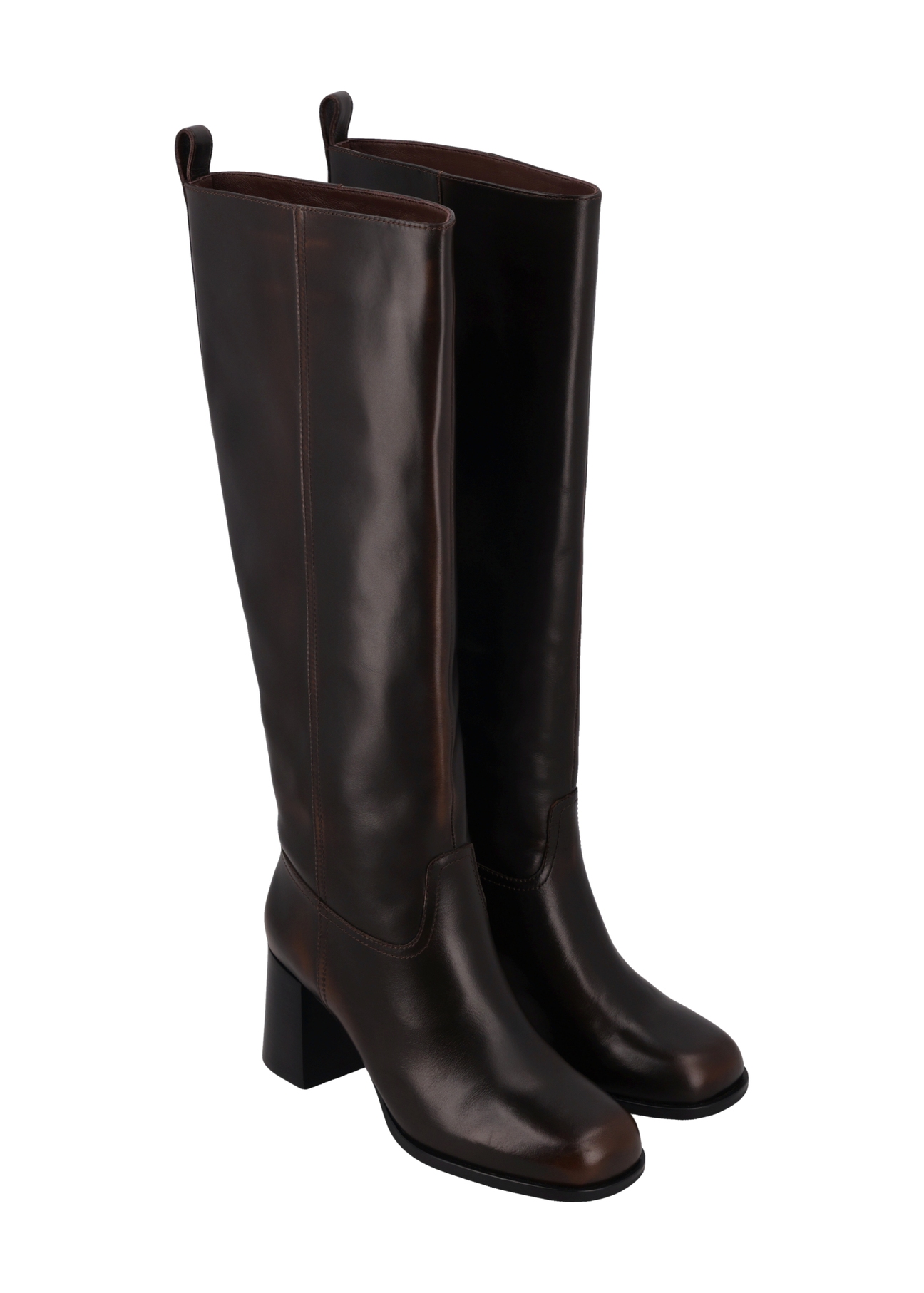 Dark brown leather women's high heel boots BUTYD-1335-1I(Z26), diagonal product view on a white background.