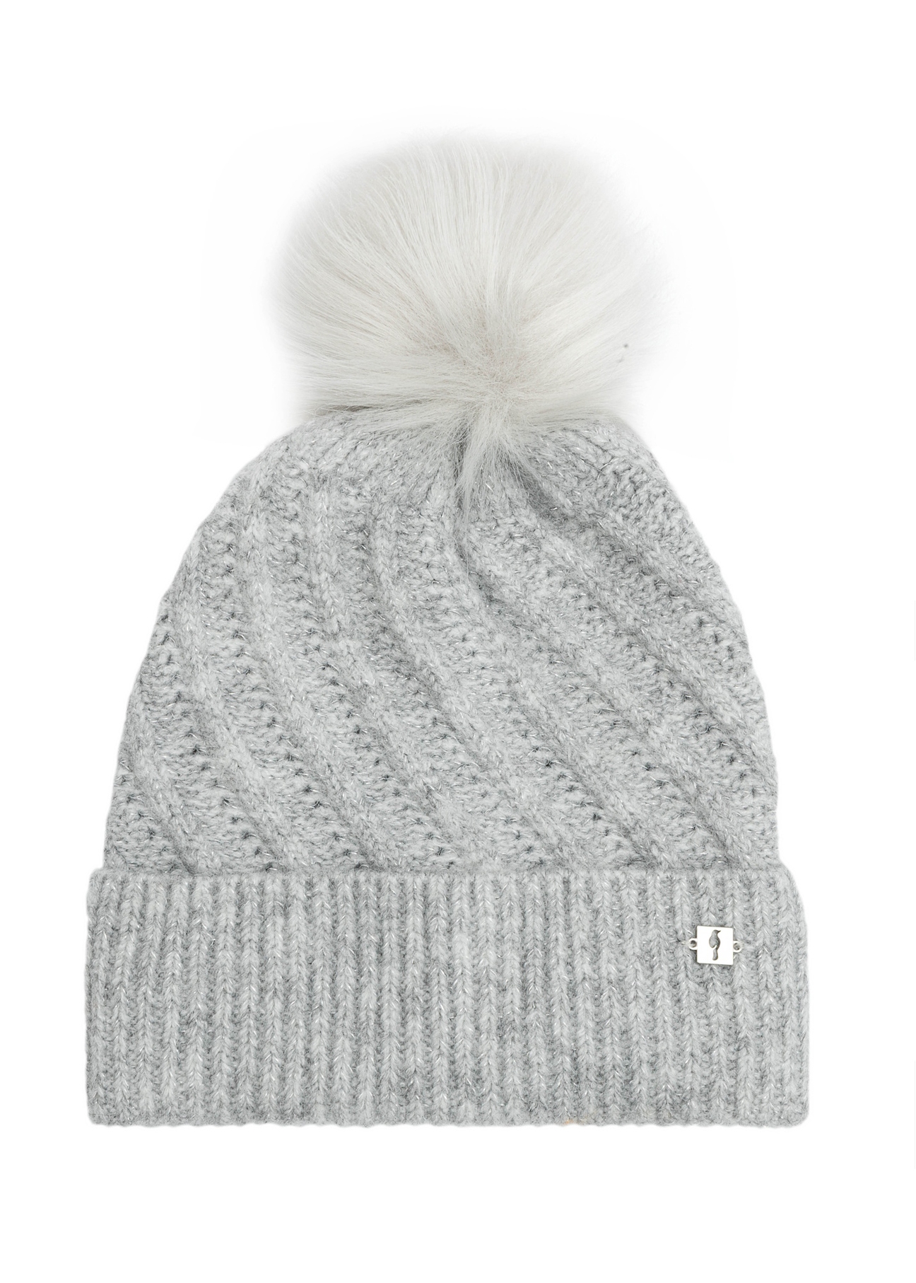 Gray women's hat with pompom CZADT-0219-91(Z25), front product view on white background.