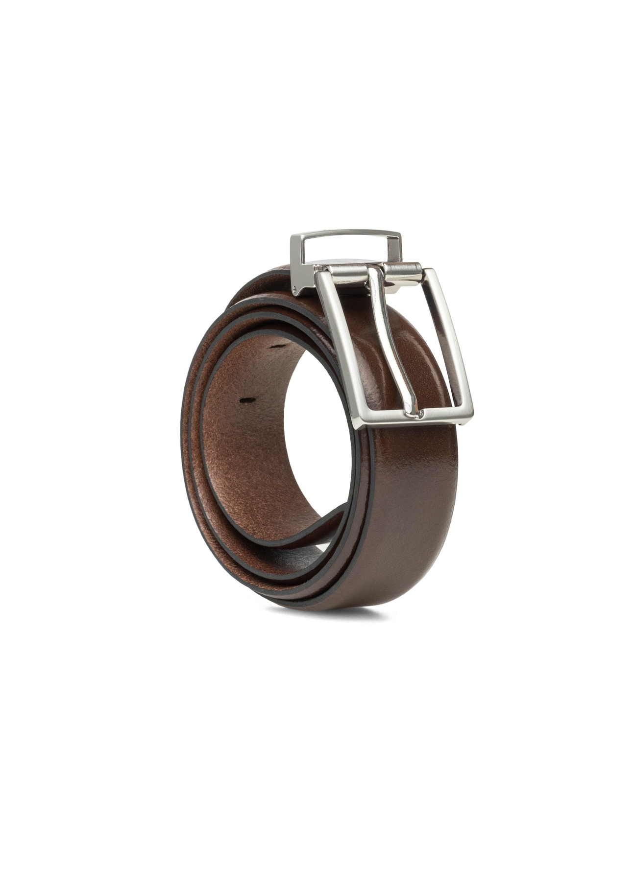 Men's brown leather belt PASMS-0263-1I(W26), diagonal view of the product on a white background.