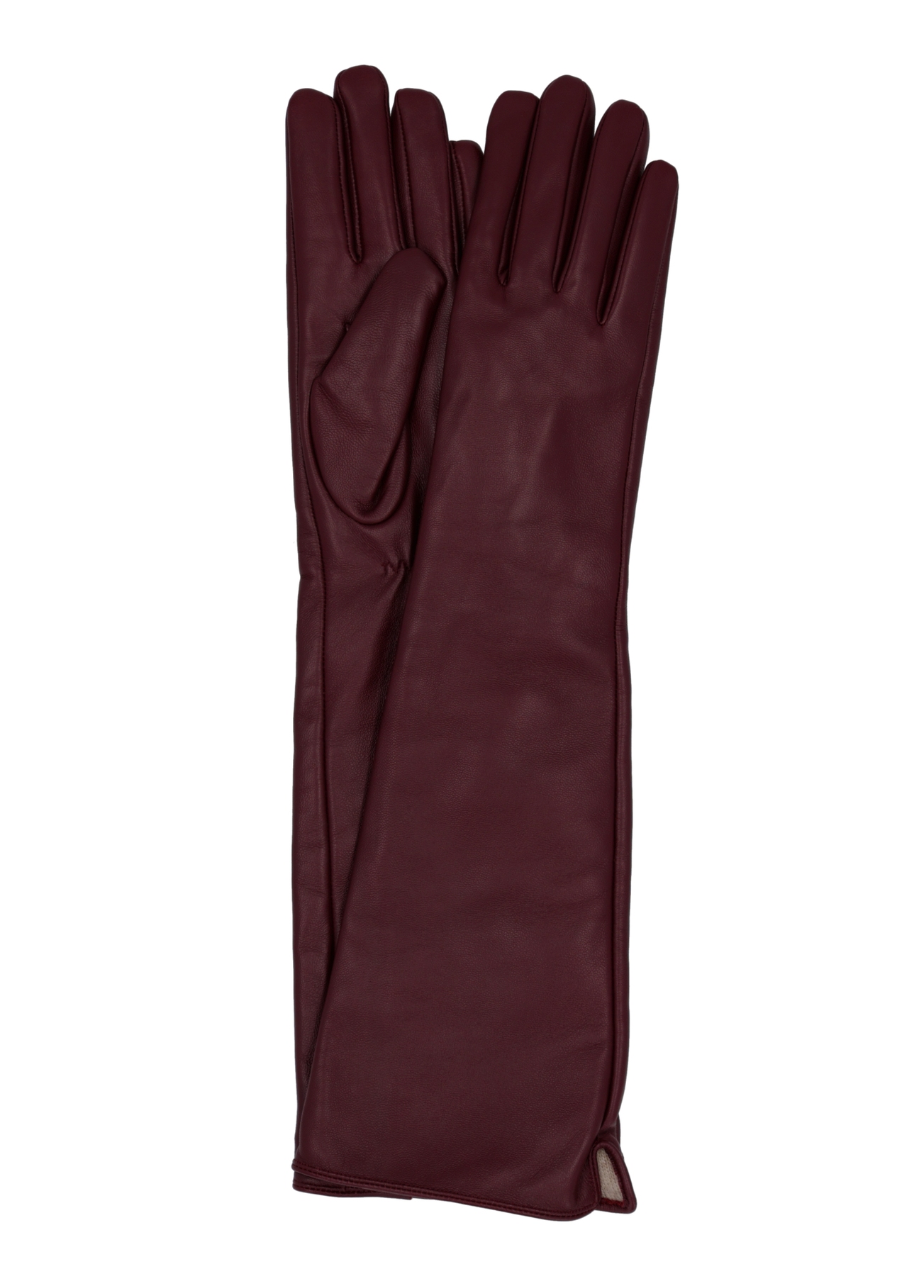 Long leather burgundy women's gloves REKDS-0088-4D(Z26), front product view on white background.