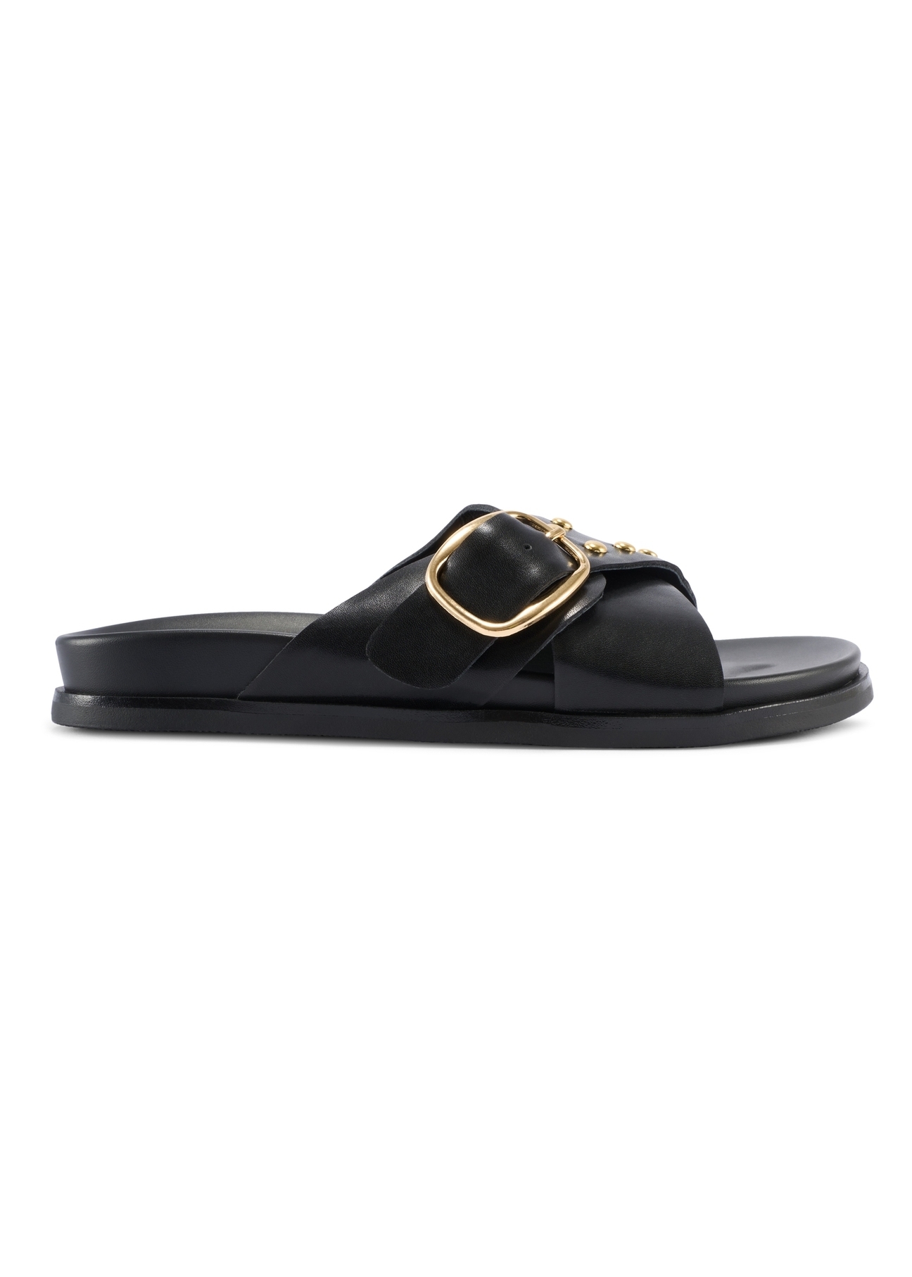 Women's leather flip-flops in black BUTYD-1268-99(W26), side view of the product on a white background.