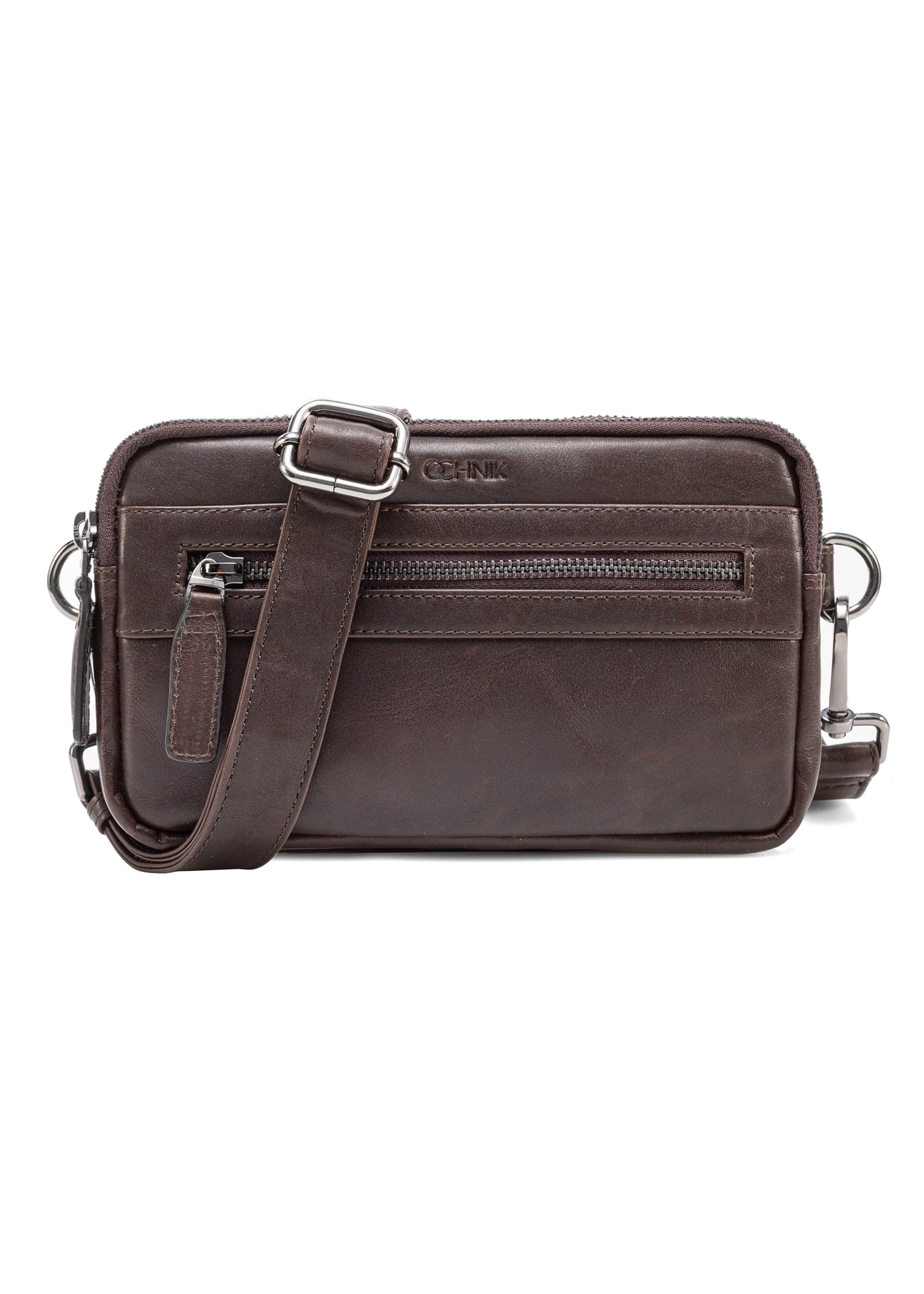 Men's brown leather waist bag TORMS-0462-89(Z25), product view from the front on a white background.