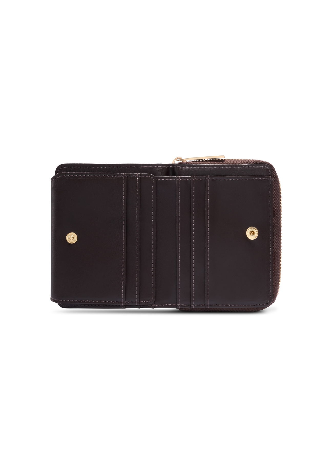 Small brown women's wallet with monogram POREC-0349A-1I(Z26), product view inside on white background.