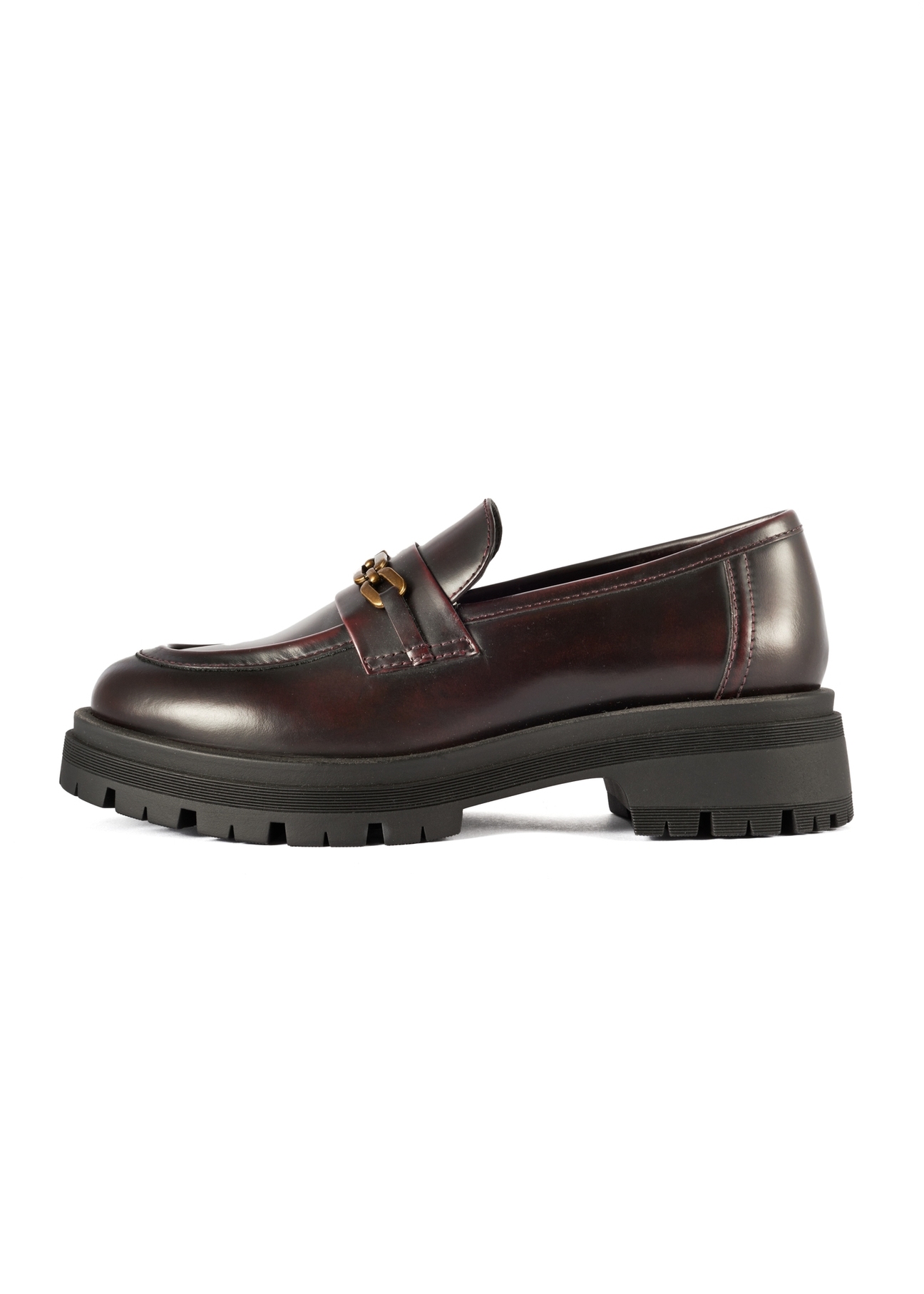 Burgundy women's leather moccasins BUTYD-1190-49(Z25), product view from the side on a white background.-02
