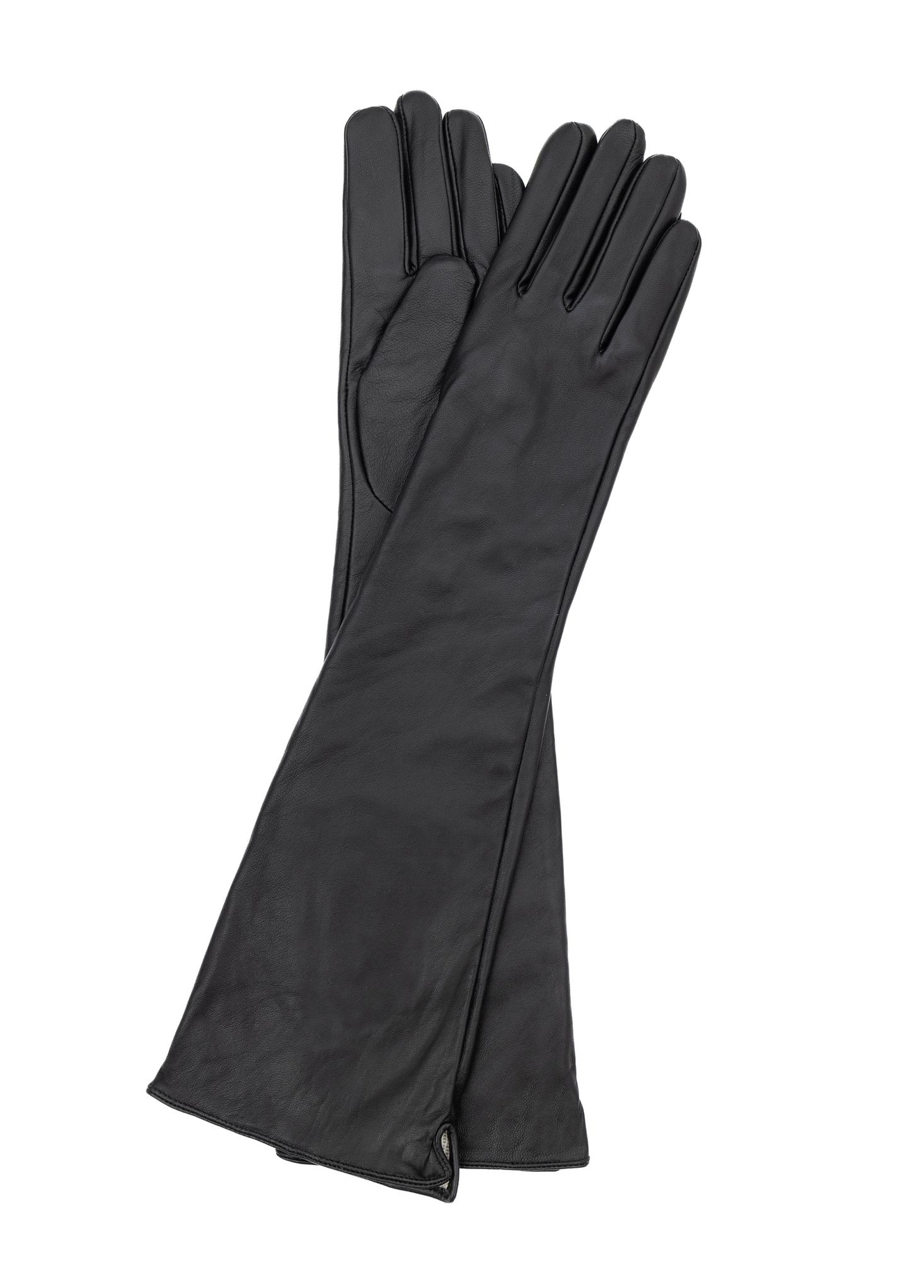 Long black leather women's gloves REKDS-0088-99(Z26), front product view on white background.