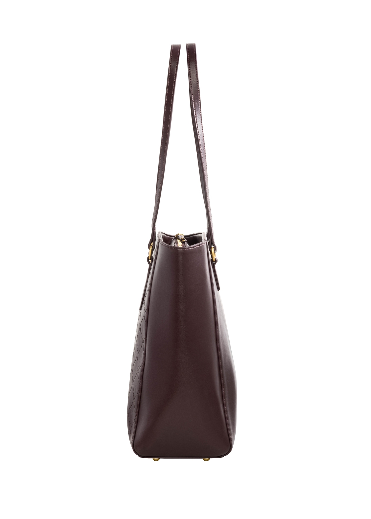 Women's burgundy shopper bag with monogram TOREC-1291-4P(Z26), product view from the side on a white background.