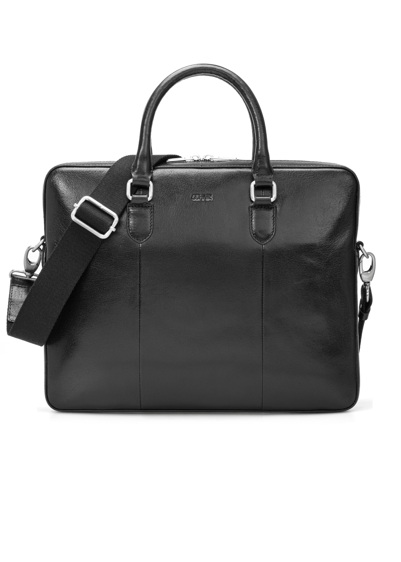 Black leather men's laptop bag TORMS-0506-99(W26) - front product view, on white background.