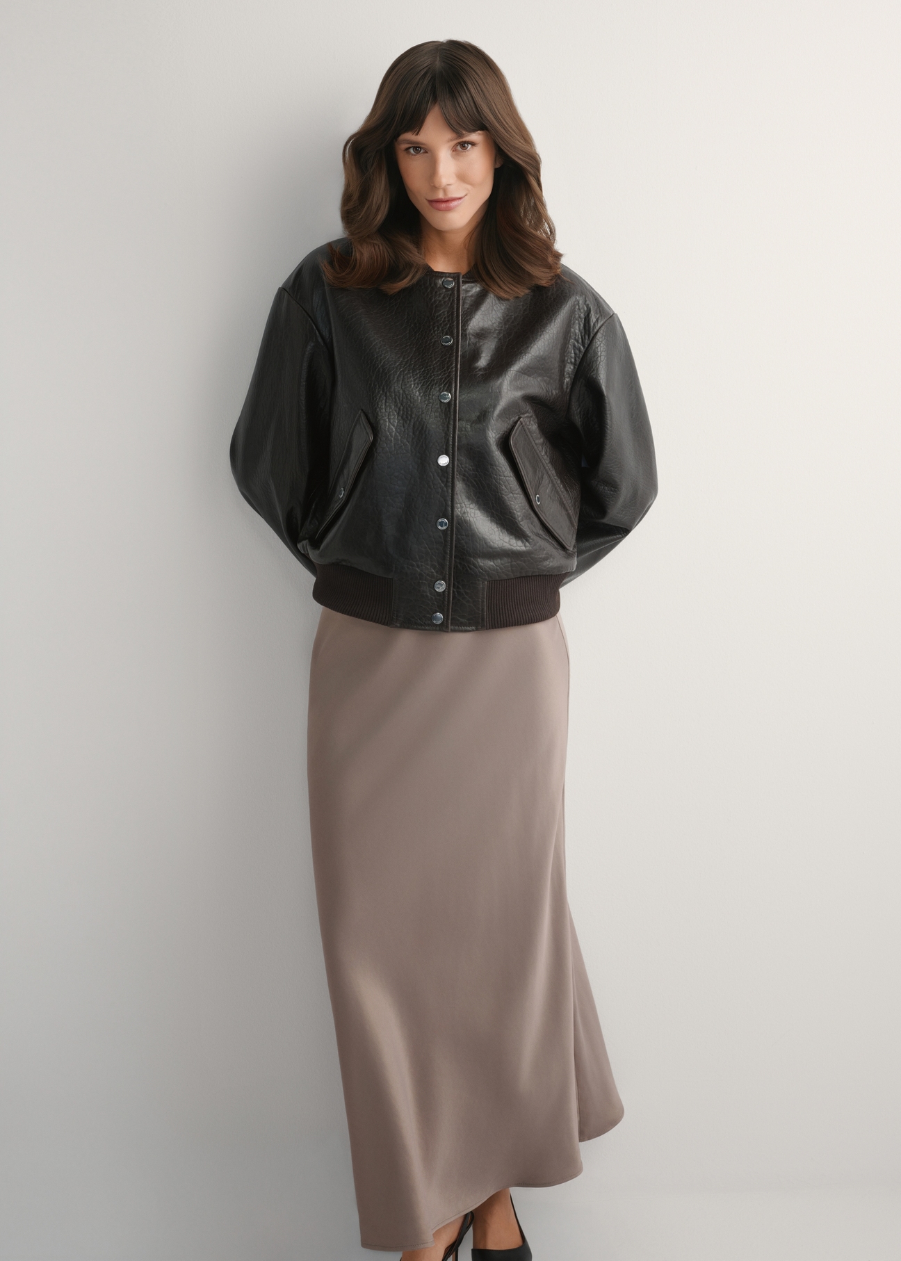 Women's brown leather jacket KURDS-0609-1I(W26), front view of the product on the model. Full body visible.