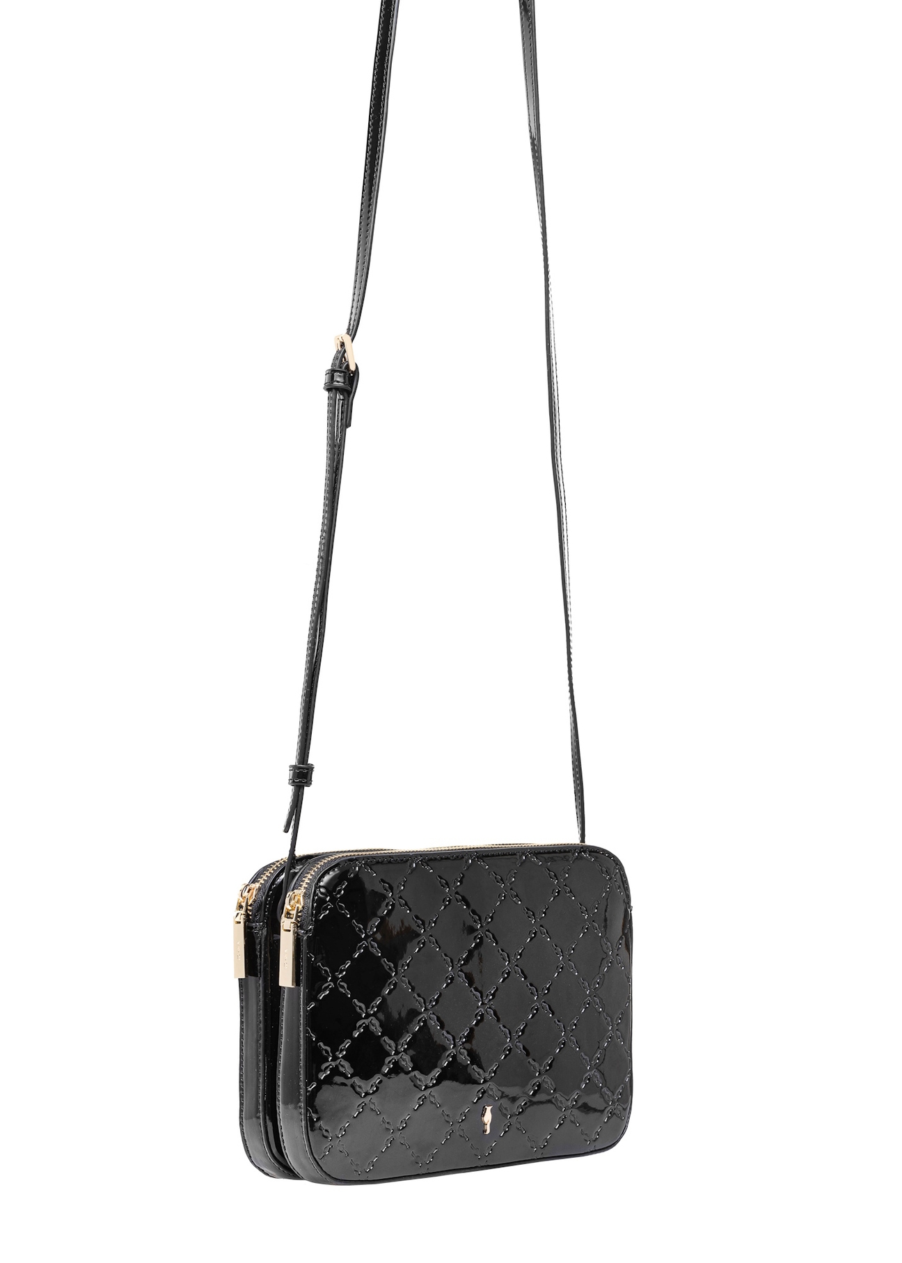 Black patent leather women's messenger bag TOREC-0205F-97(Z25), product view with strap on white background.