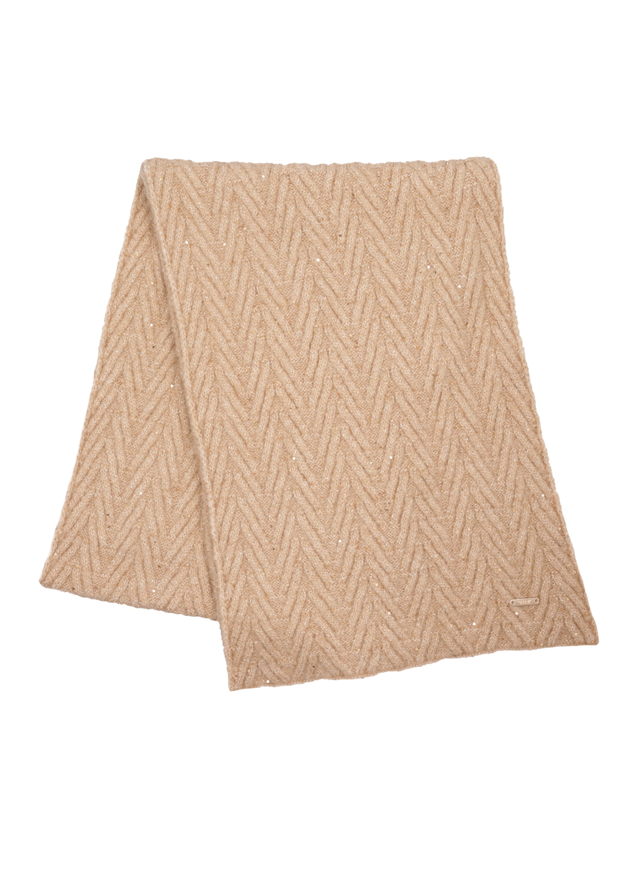 Light beige women's scarf with sequins SZADT-0220-1A(Z26), front product view on white background.